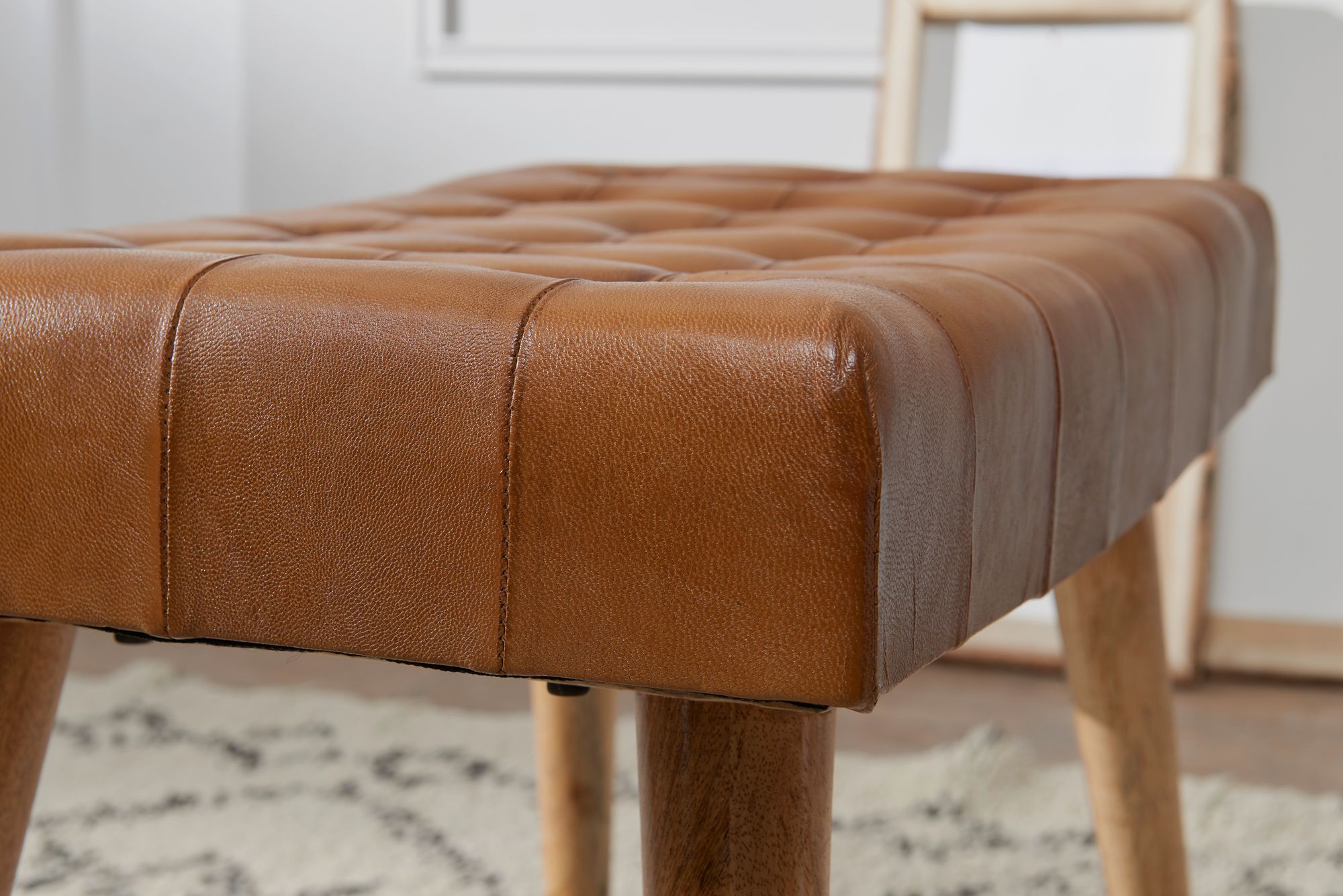 Stool 67x47x39 cm mango solid wood / real leather chesterfield design