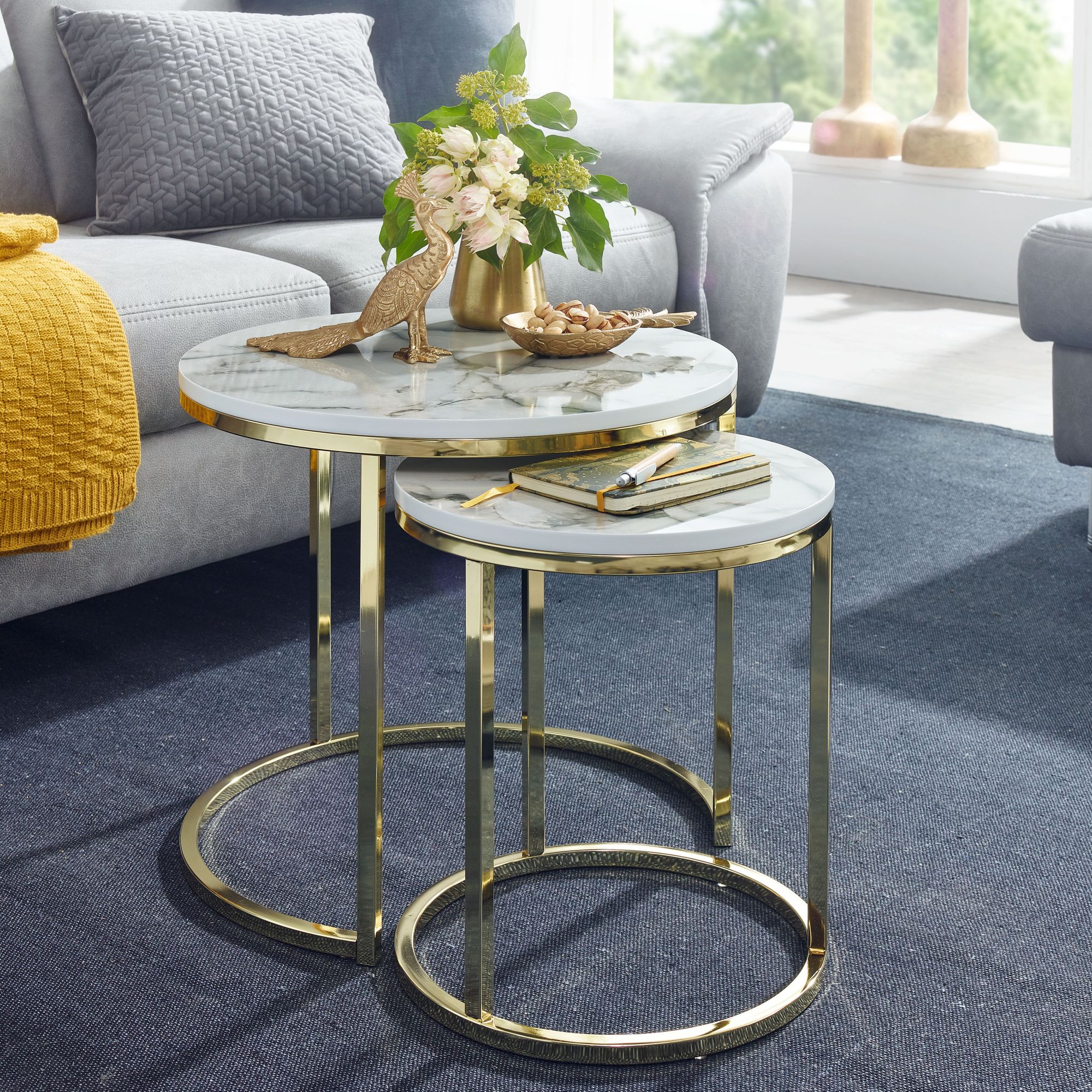 Design side table set of 2 white marble look round