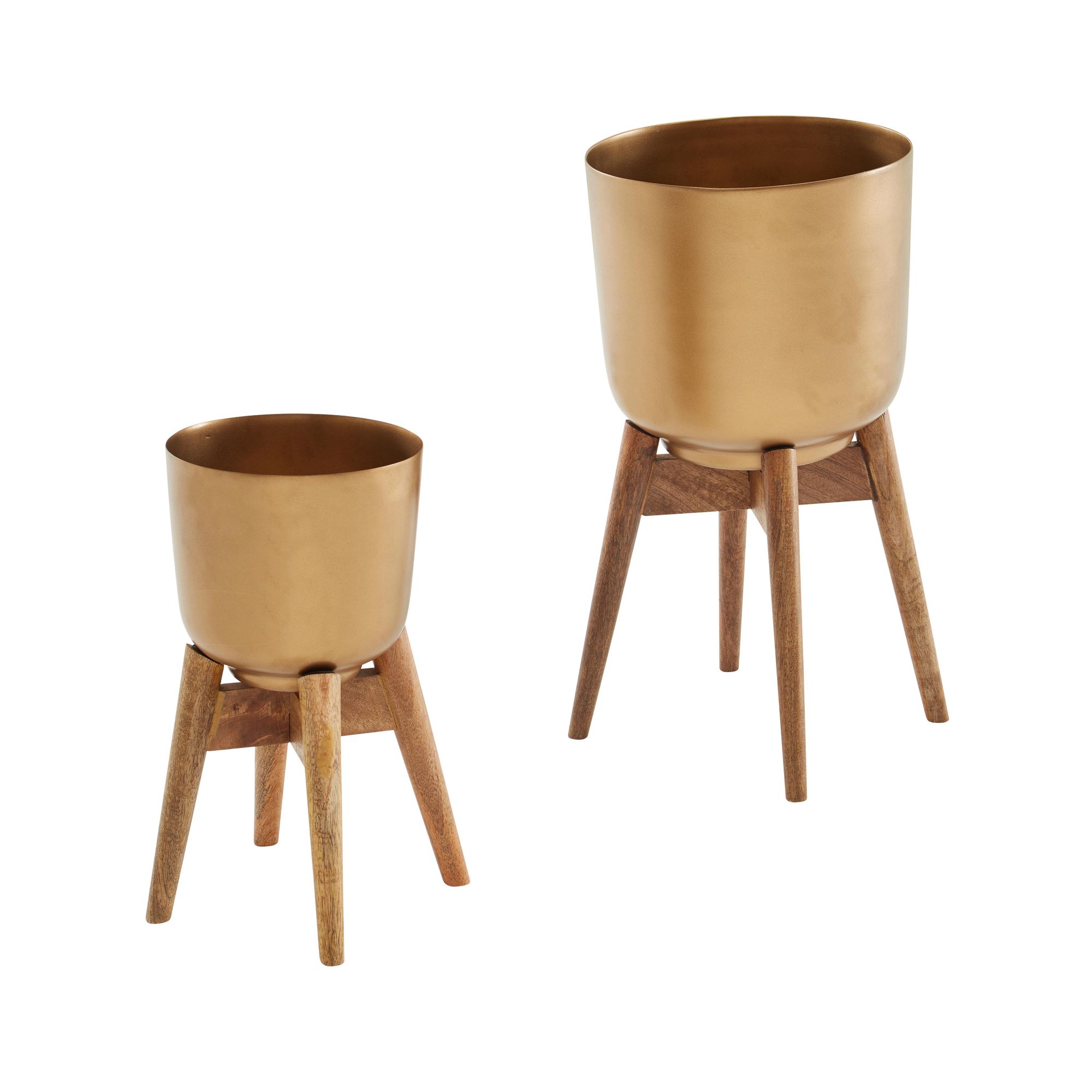 Flower pot set of 2 metal / solid wood planters gold with feet