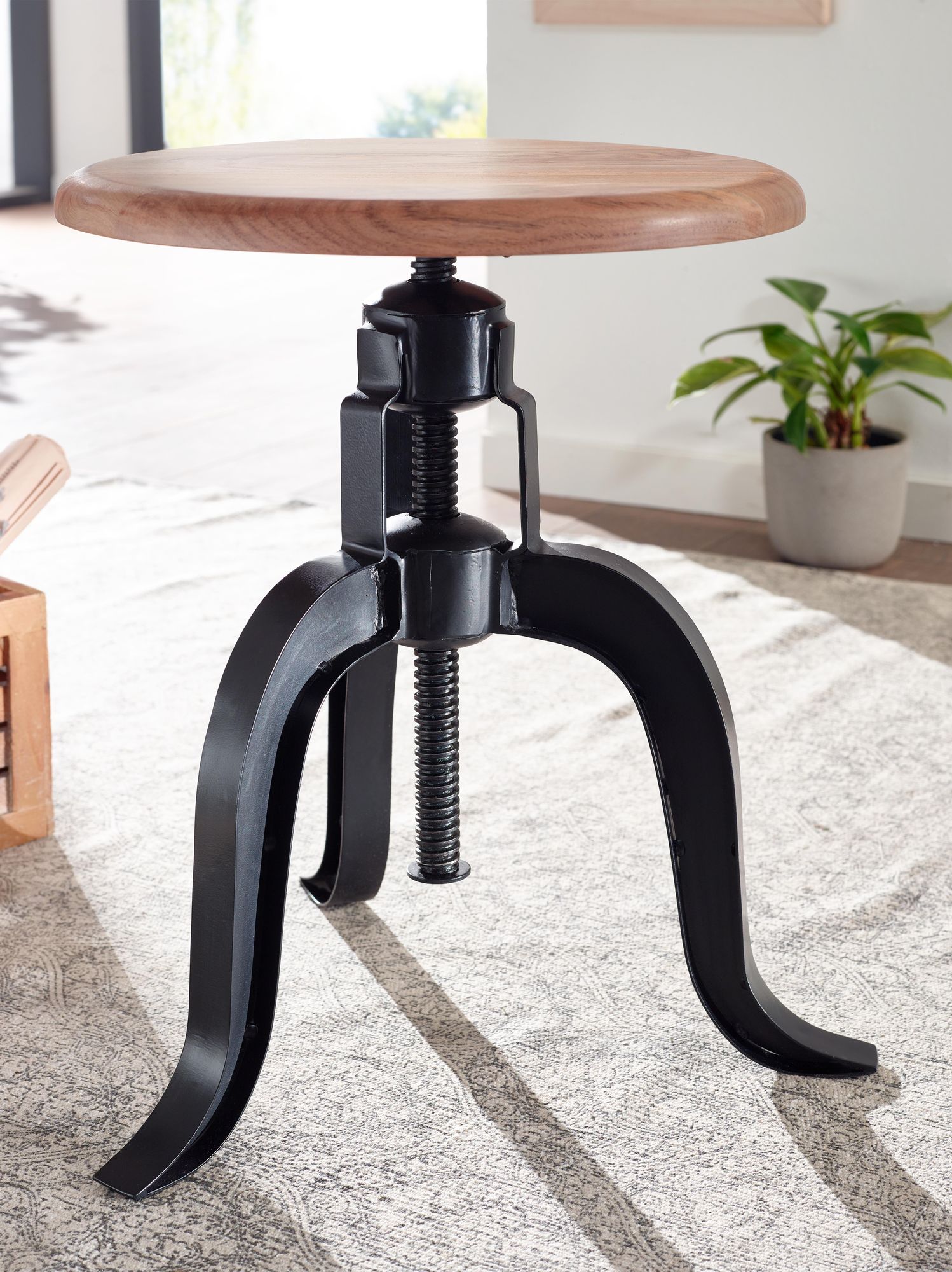 Swivel stool 39x62.5x39 cm solid acacia wood / metal black rotatable