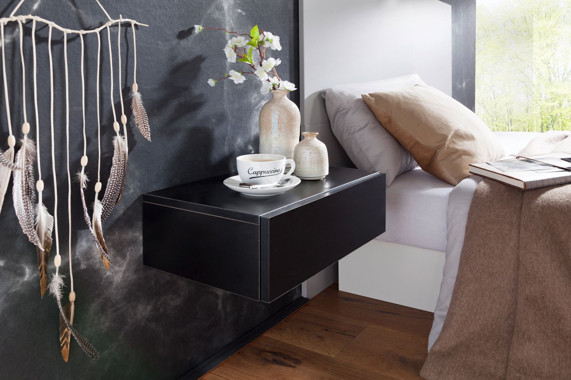 Wohnling nachtkonsole zadar wand nachttisch schwarz wandboard holz boxspringbett