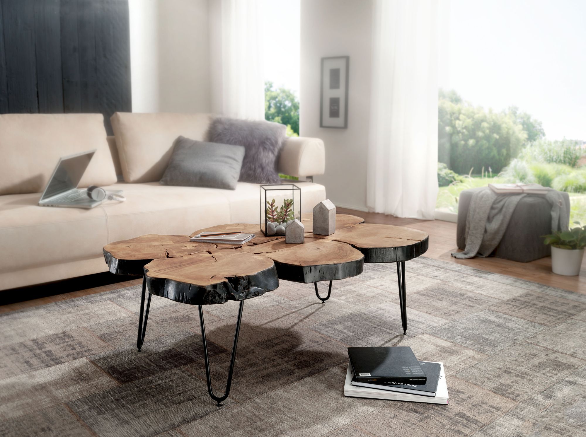 Coffee table solid wood acacia 115 cm wide dining room table design metal legs country style table