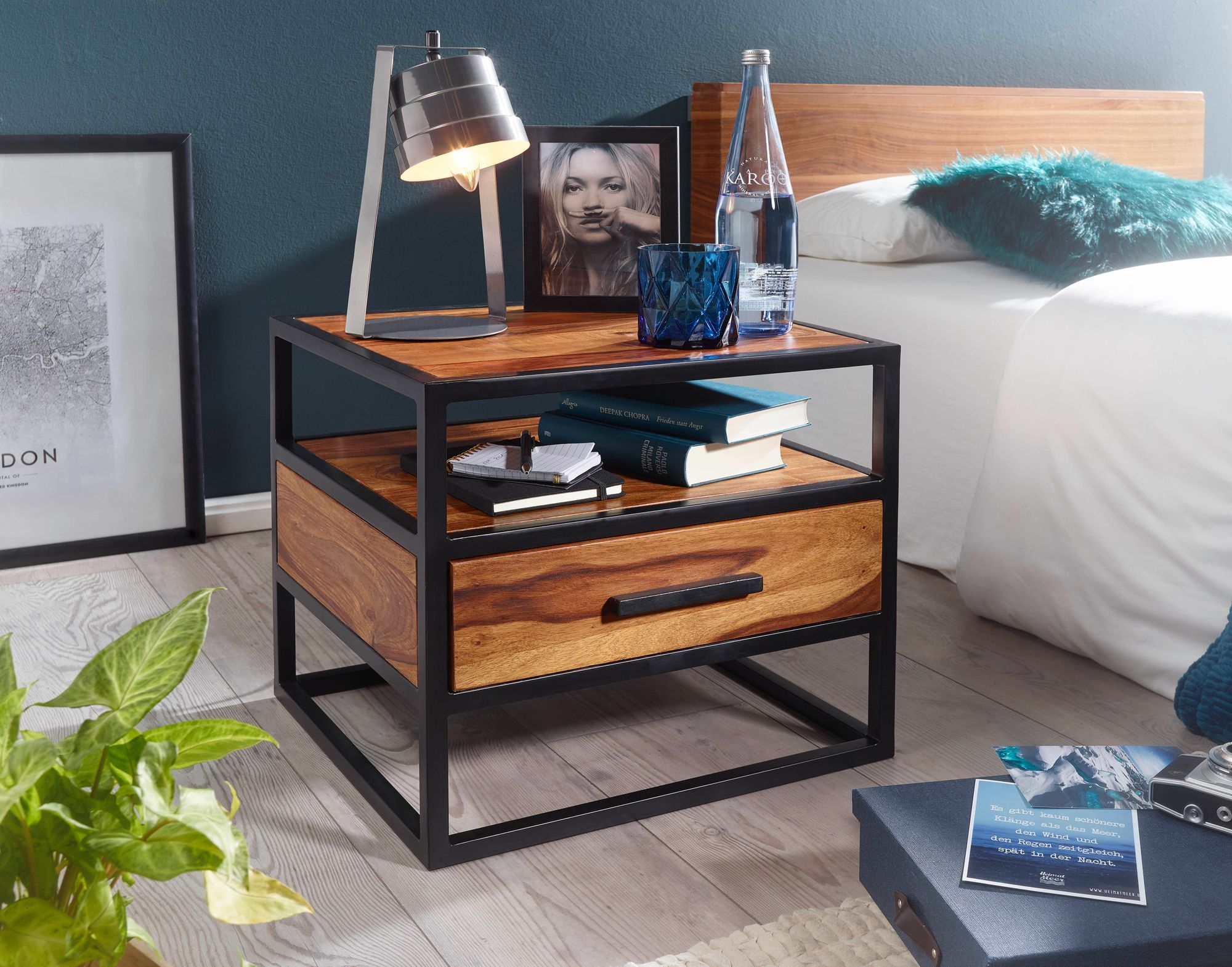 50 x 45 x 45 cm wl5.624 sheesham wood metal black nightstand