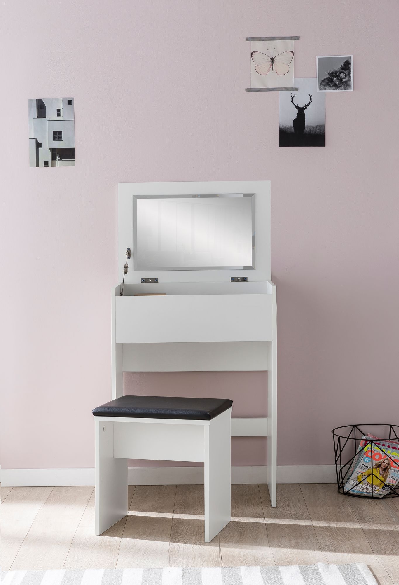 Coiffeuse 60x81x40 cm Console Blanche Bois Moderne, Table de Cosmétique avec Tabouret et Miroir, Coiffeuse Blanche avec Compartiment Pliant