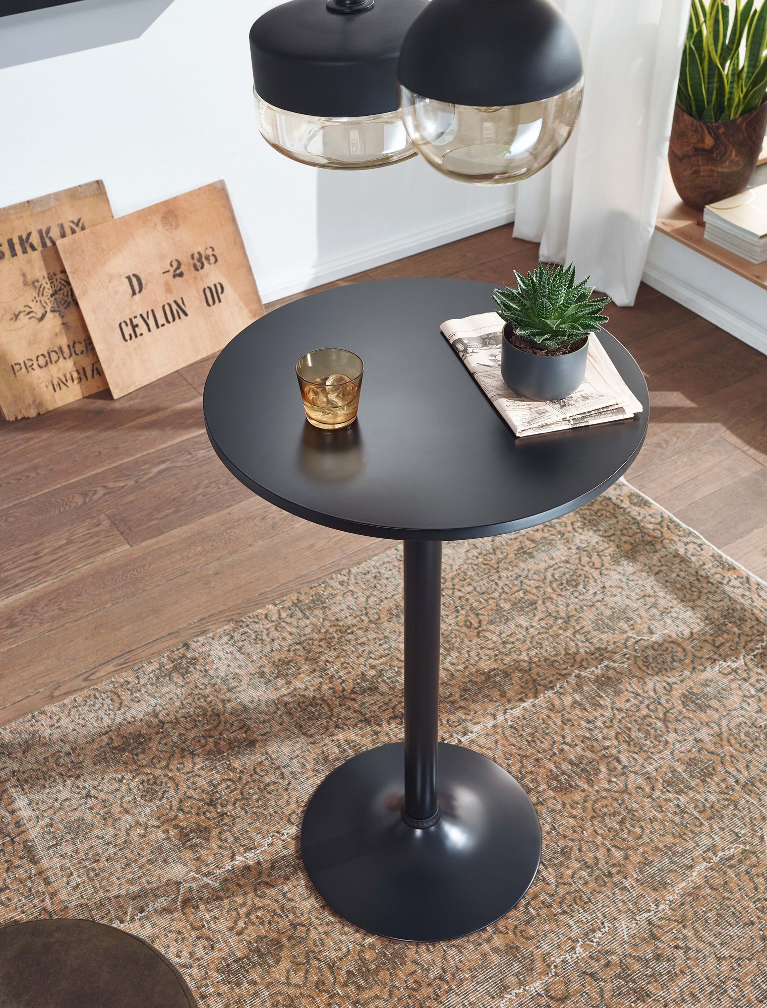 Design Table de Bar Noir Table de Bar Ø 60 cm Métal/Bois, 100 cm de Haut, Moderne