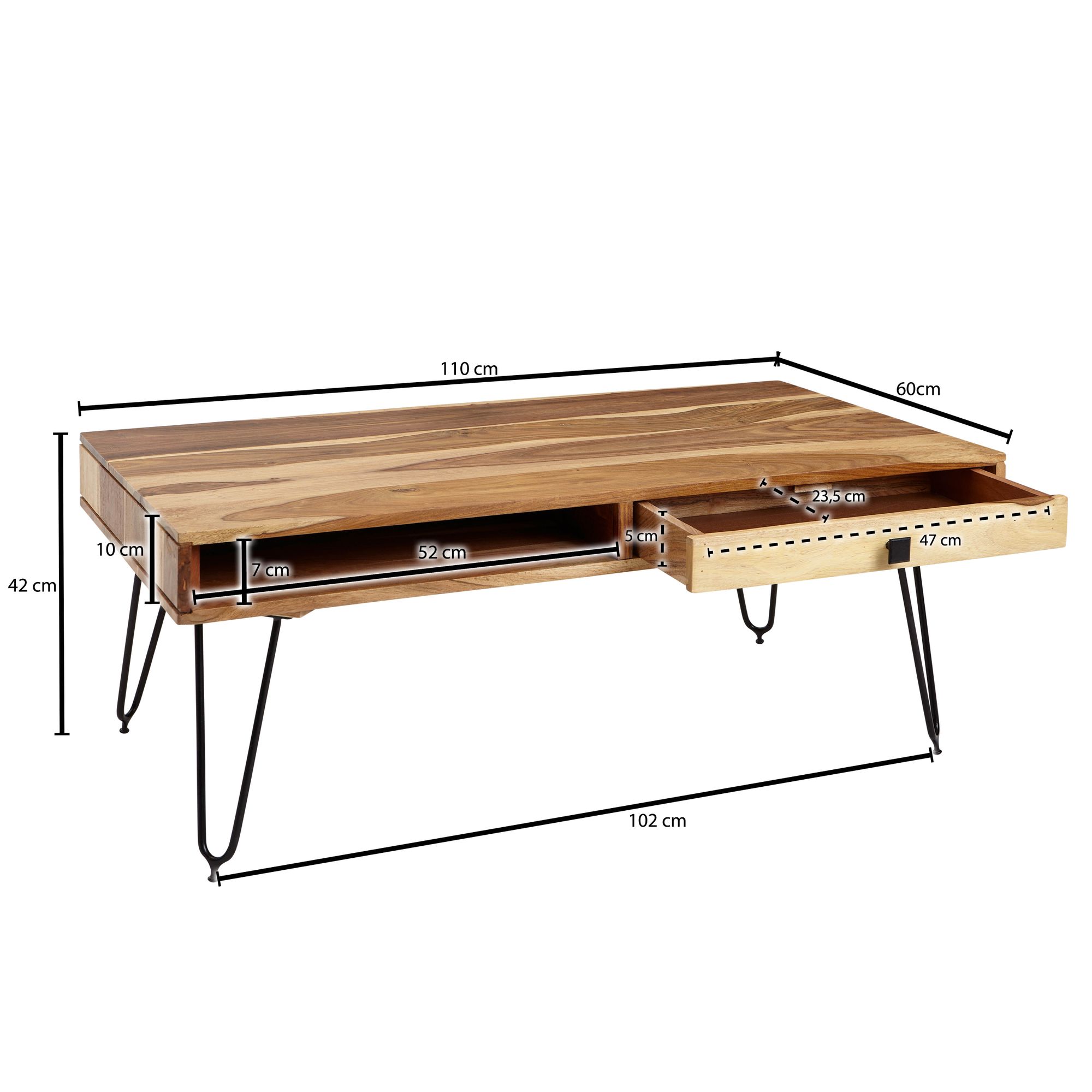 Coffee table bagli solid wood acacia 110 cm wide living room table design metal legs country style side table