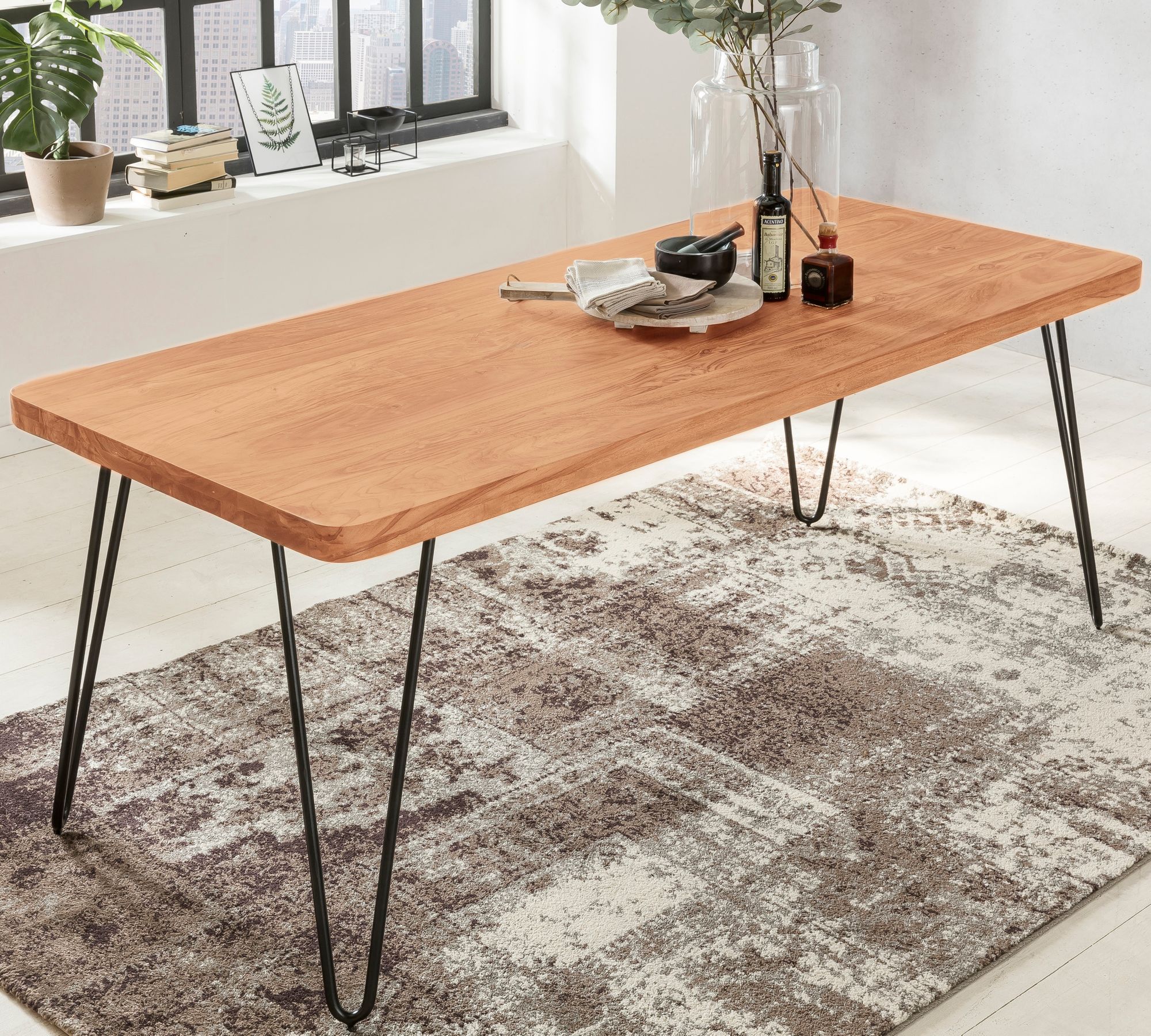 Dining table solid wood acacia 180 cm dining table wooden table metal legs kitchen table landhaus dark-brown