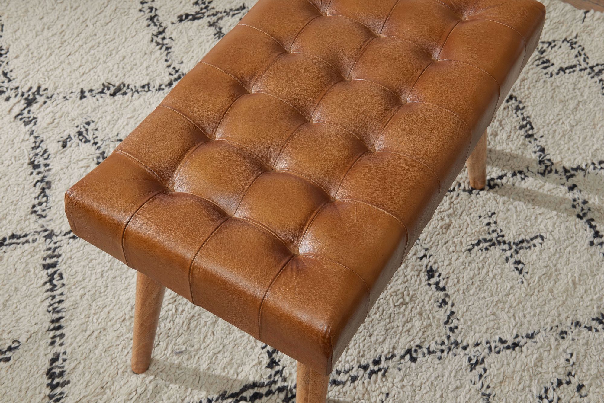 Stool 67x47x39 cm mango solid wood / real leather chesterfield design