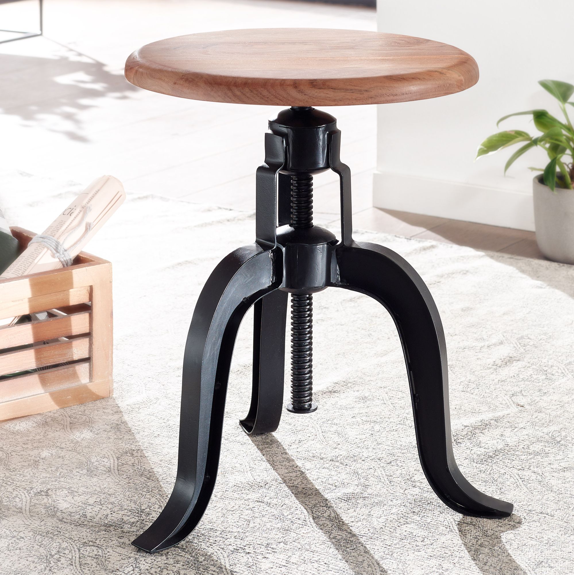 Swivel stool 39x62.5x39 cm solid acacia wood / metal black rotatable