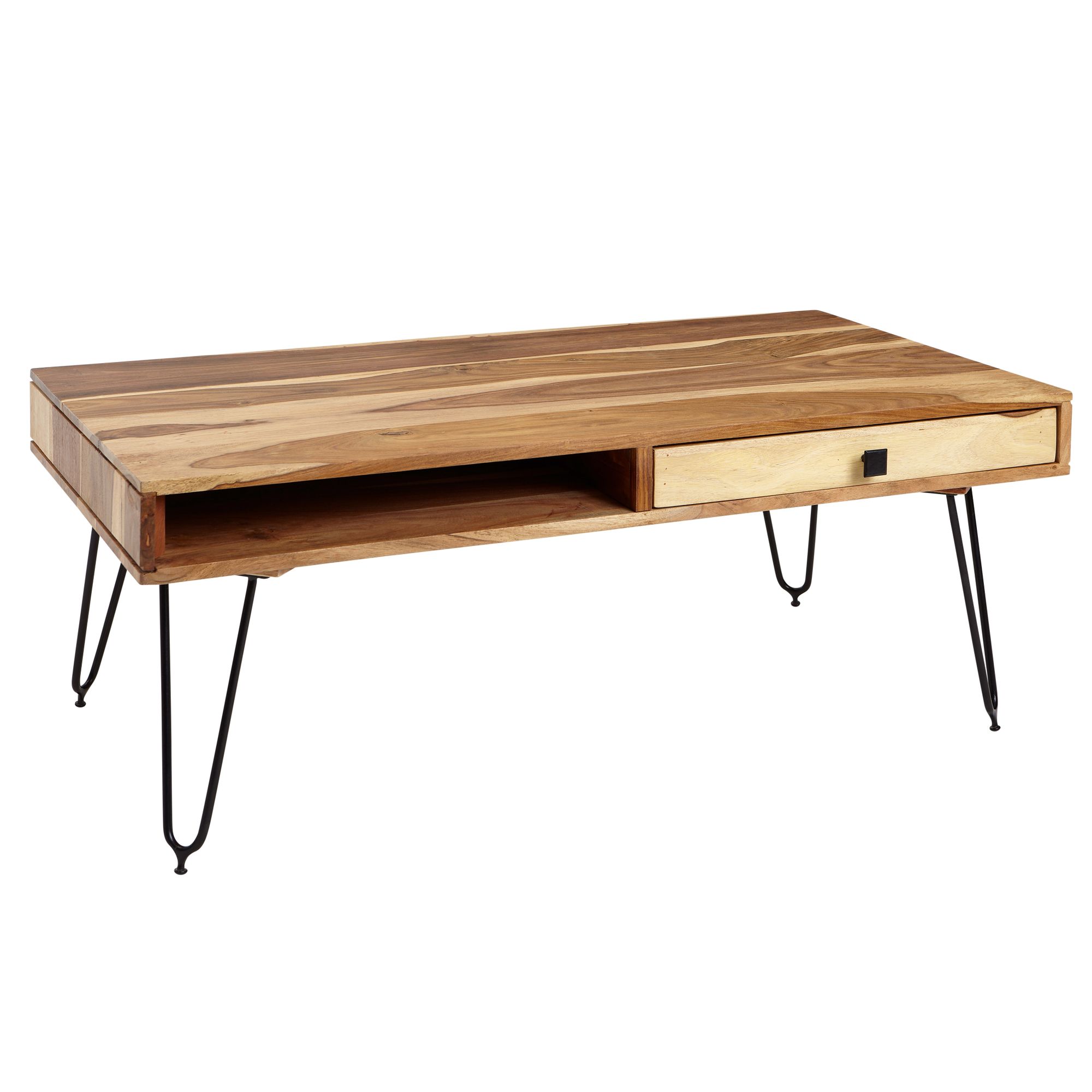 Table basse bagli en bois massif d'acacia 110 cm de large table de salon design pieds en métal table d'appoint de style campagnard