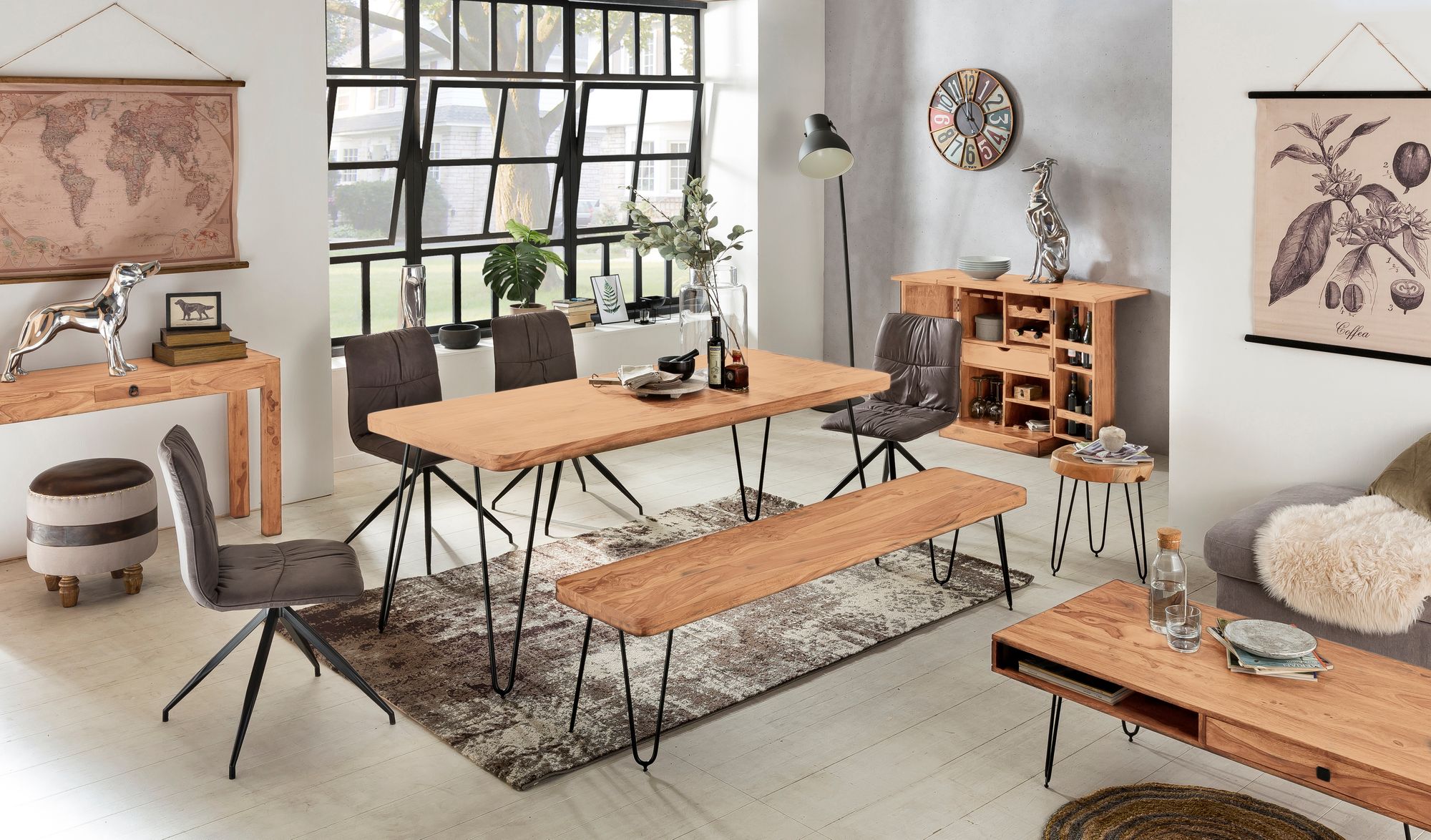 Dining table solid wood acacia 180 cm dining table wooden table metal legs kitchen table landhaus dark-brown