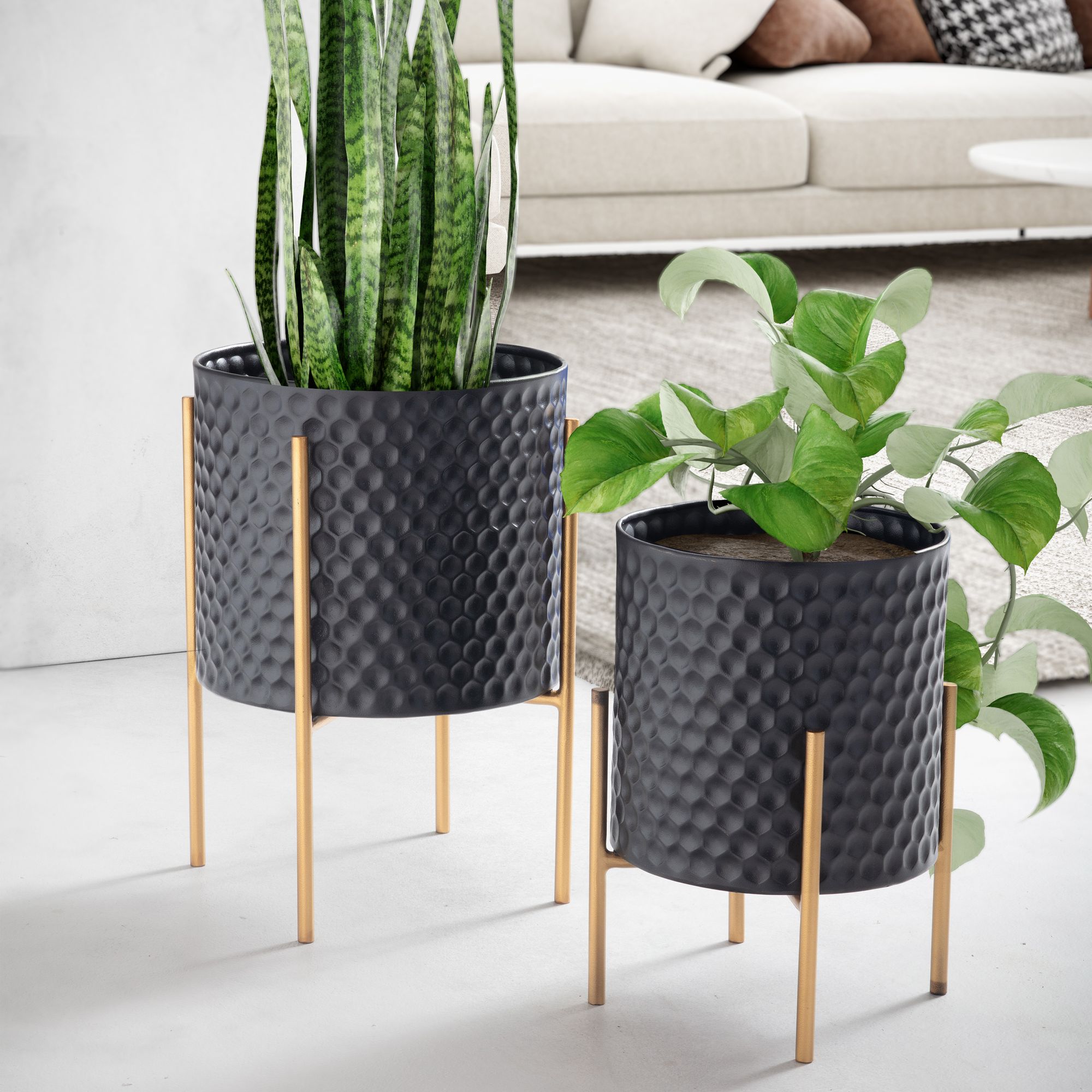 Flower pot set of 2 metal plant pots black/gold with feet