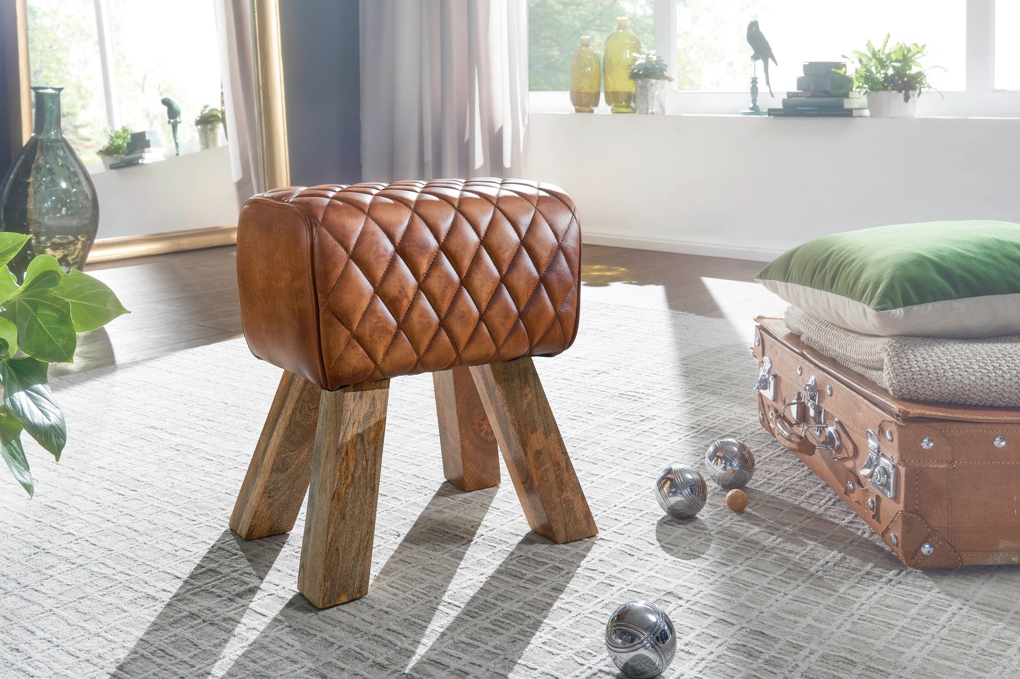 Stool real leather / solid wood 40x48x27 cm modern footstool