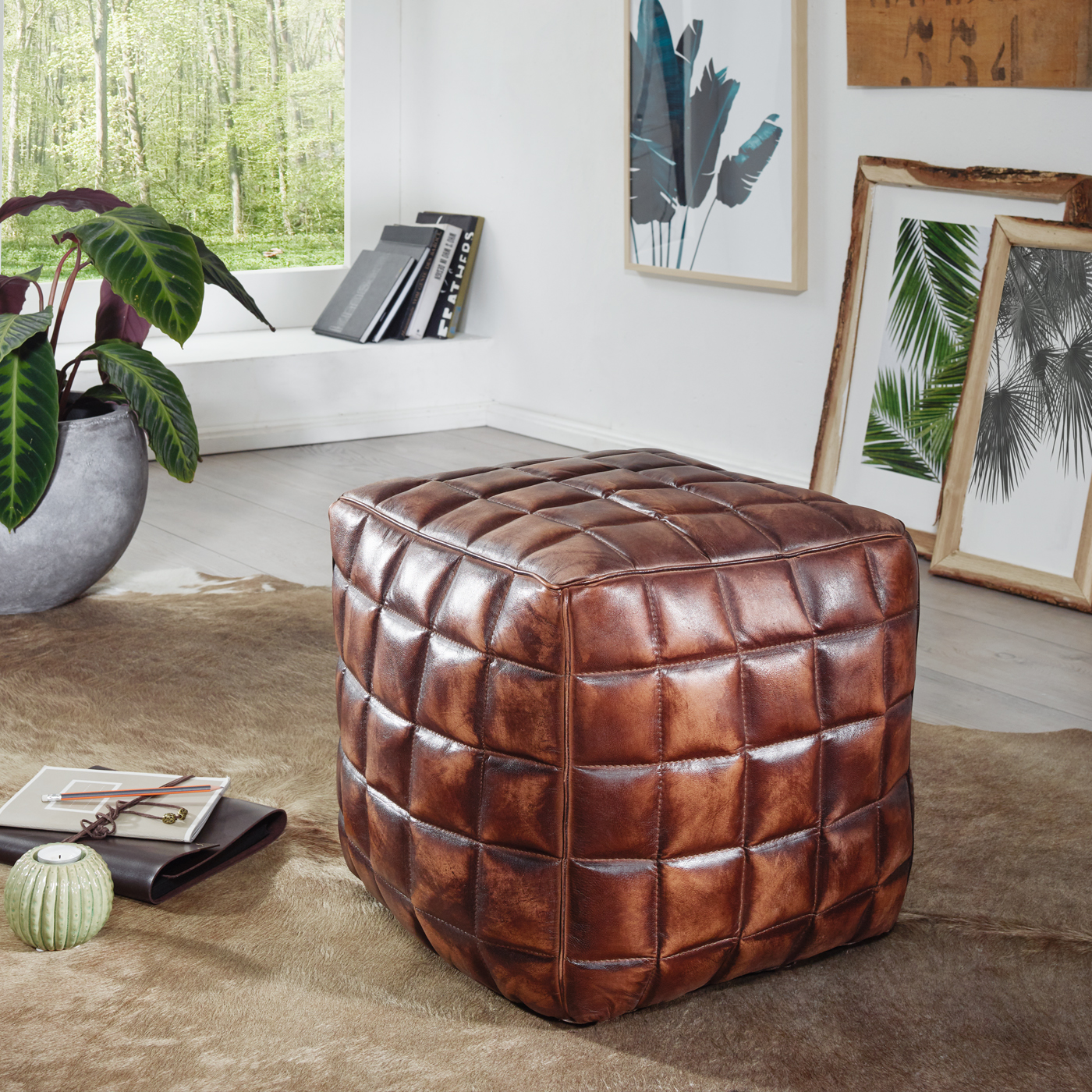 Siège cube STANLEY cuir véritable marron 39 x 41 x 39 cm pouf salon