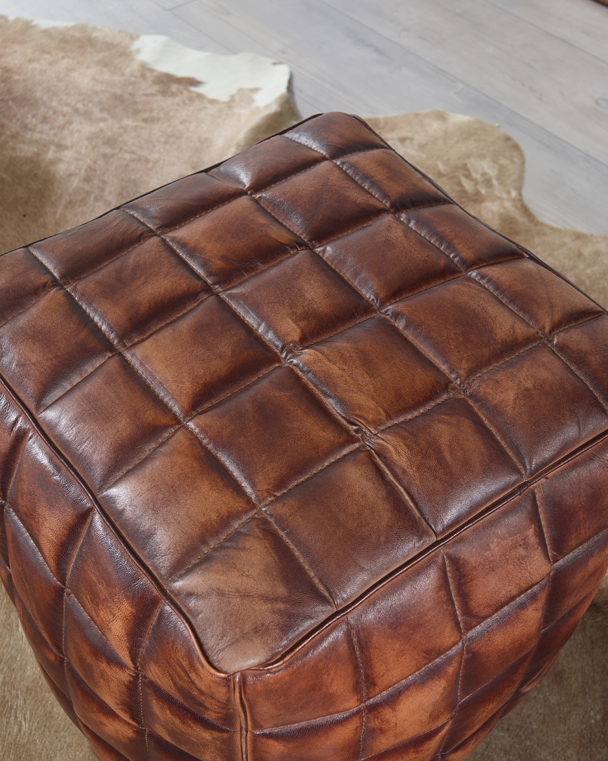 Siège cube STANLEY cuir véritable marron 39 x 41 x 39 cm pouf salon