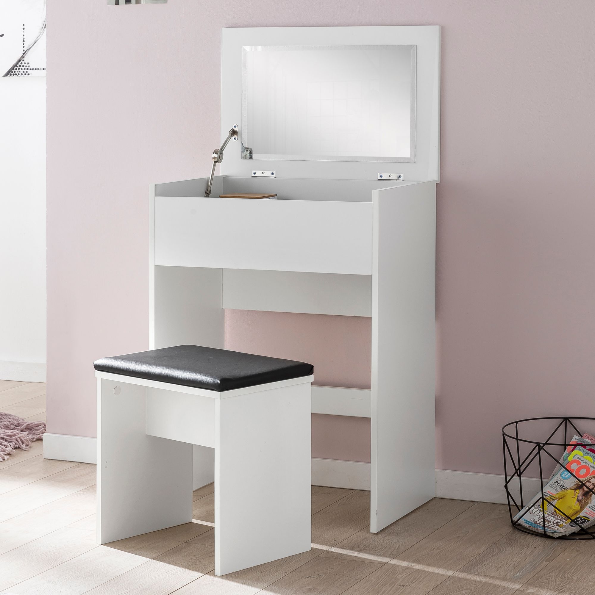 Coiffeuse 60x81x40 cm Console Blanche Bois Moderne, Table de Cosmétique avec Tabouret et Miroir, Coiffeuse Blanche avec Compartiment Pliant