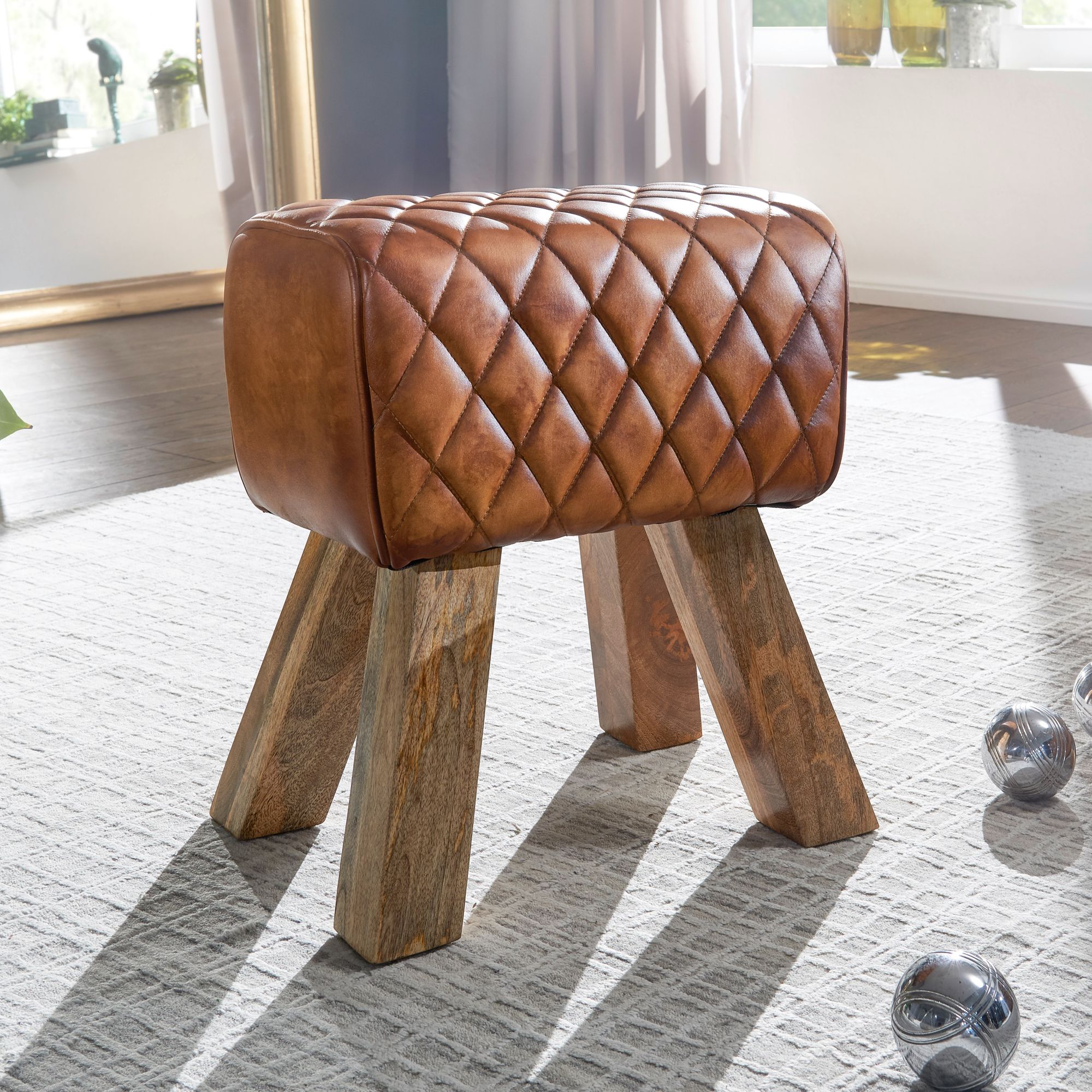 Stool real leather / solid wood 40x48x27 cm modern footstool