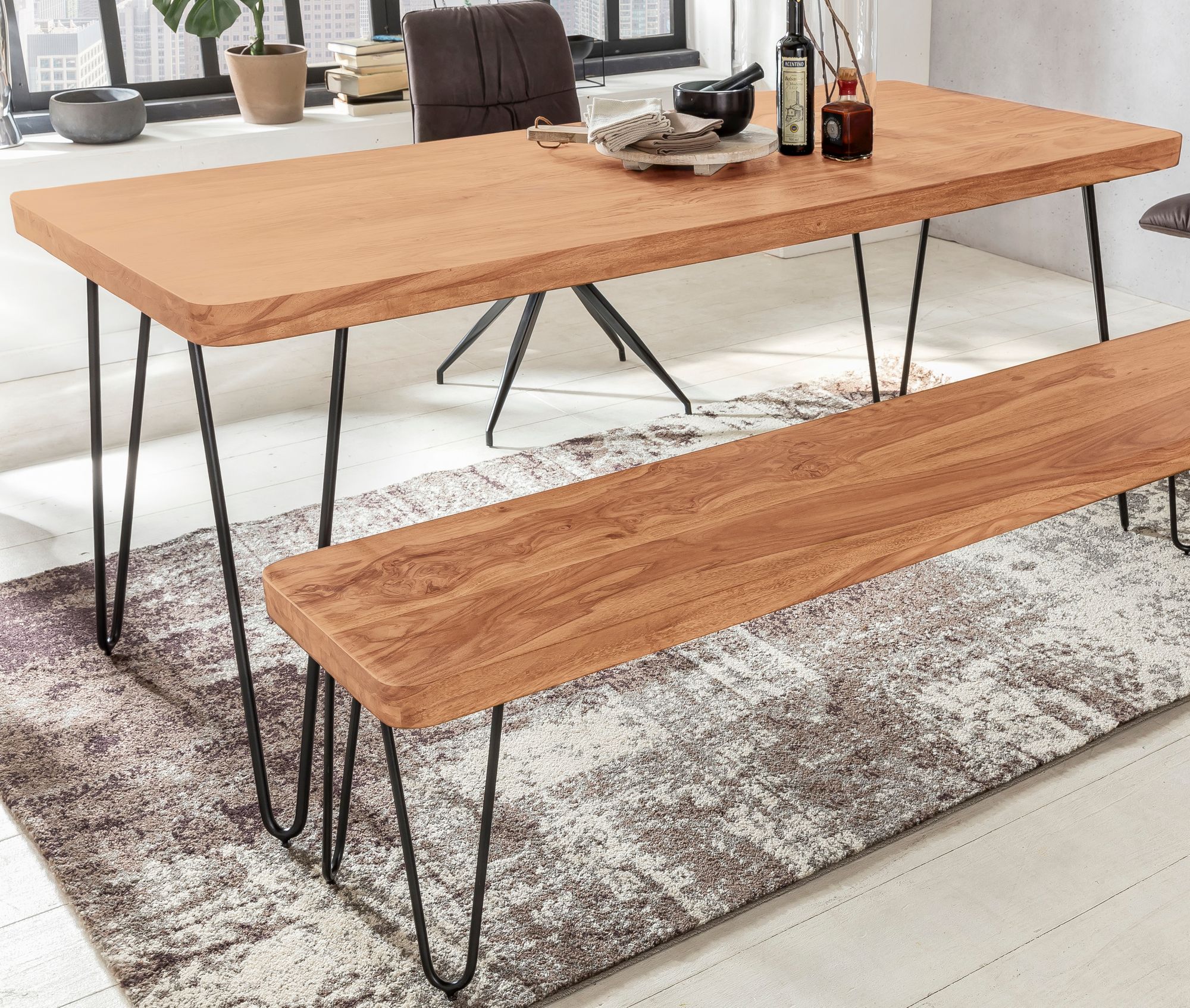 Dining table solid wood acacia 180 cm dining table wooden table metal legs kitchen table landhaus dark-brown