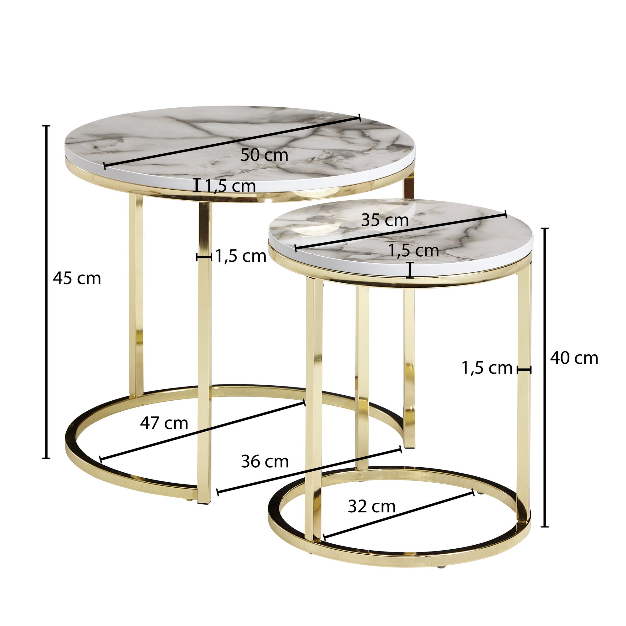 Design side table set of 2 white marble look round