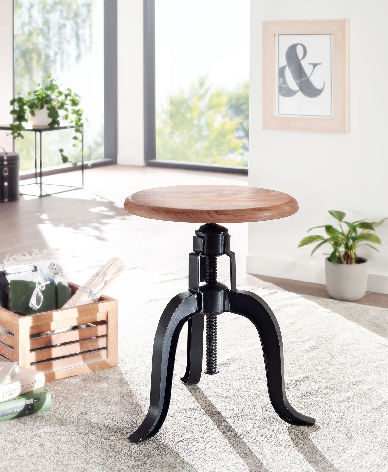 Tabouret Pivotant 39x62,5x39 cm Bois d'Acacia Massif/Métal Noir Rotatif, Tabouret Décoratif Design Réglable en Hauteur, Tabouret Sur Pied Rond Industriel