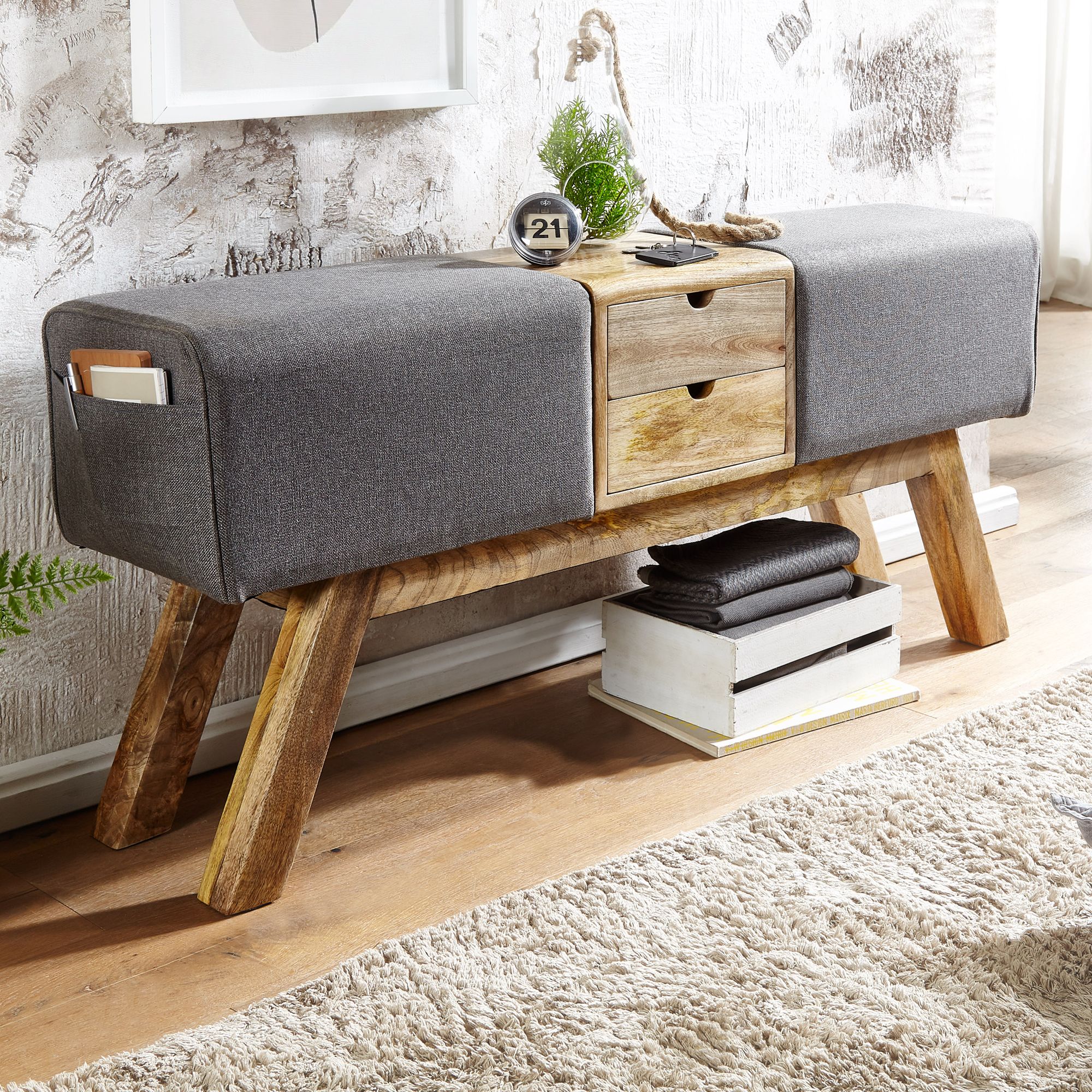 Design turnbock sitzbank grau mit schubladen 120x56x30 cm, turnhocker bank aus stoff mit stauraum, hocker garderobenbank sitzhocker springbock turnbank