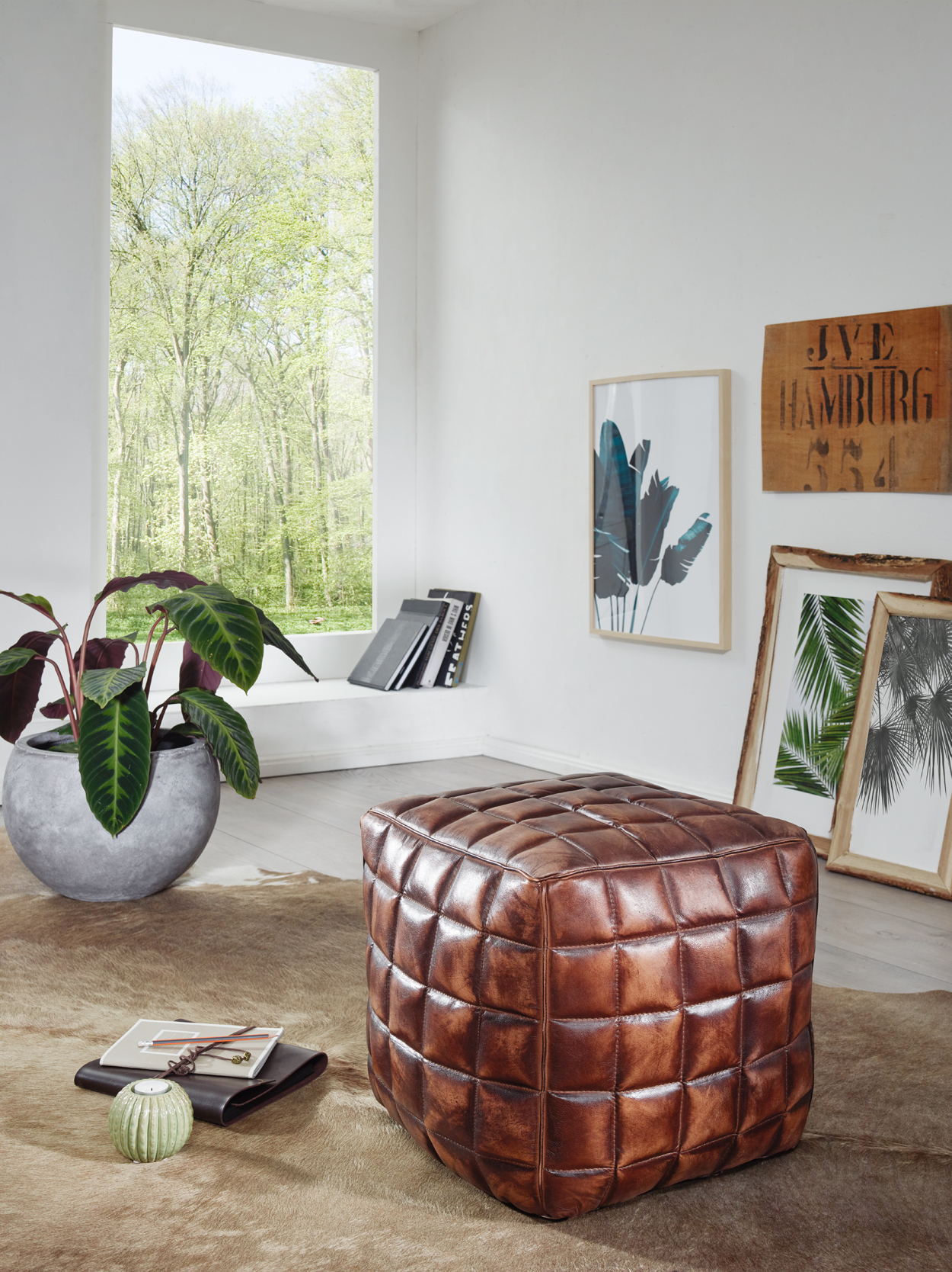 Siège cube STANLEY cuir véritable marron 39 x 41 x 39 cm pouf salon