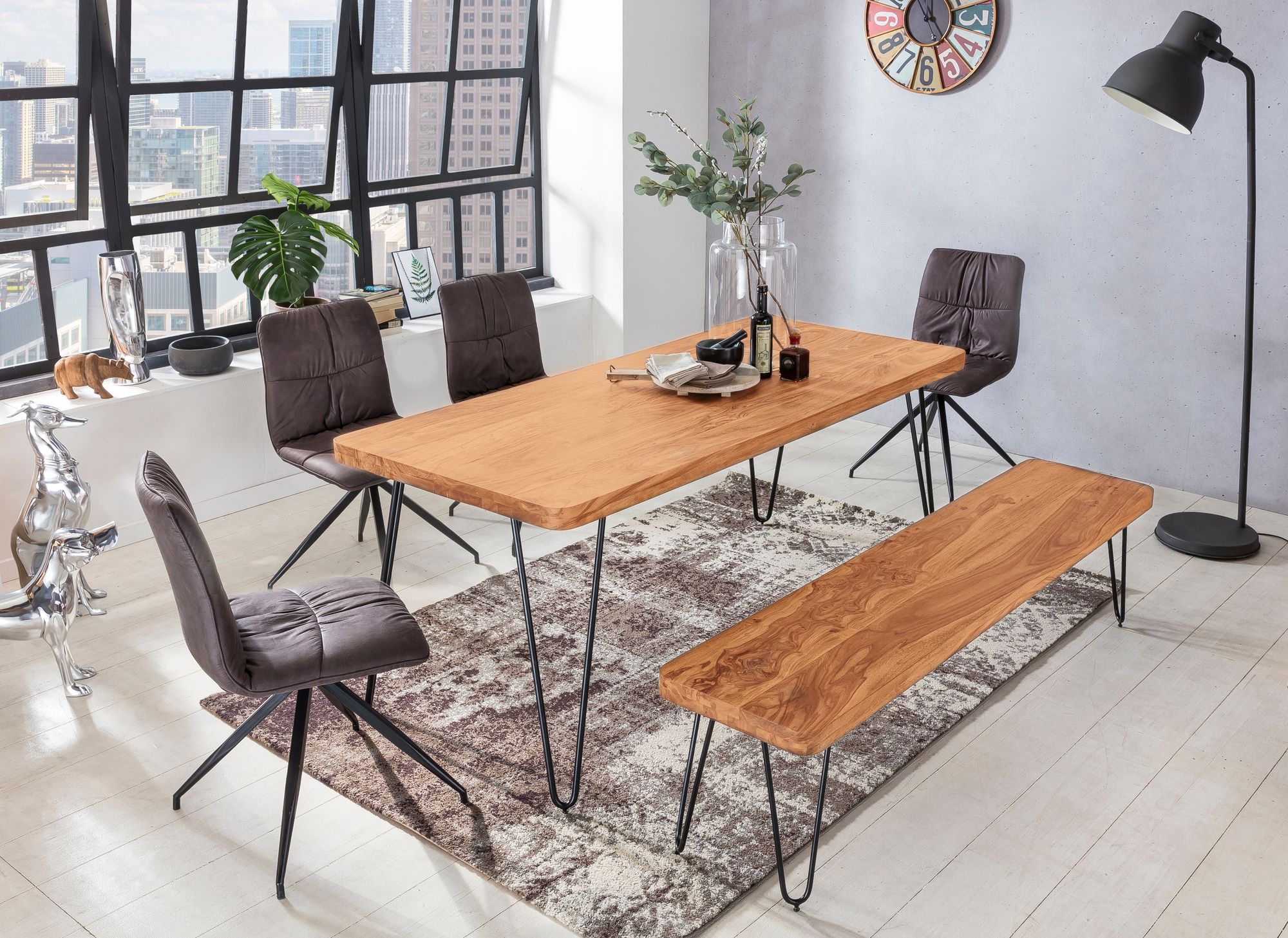 Dining table solid wood acacia 180 cm dining table wooden table metal legs kitchen table landhaus dark-brown