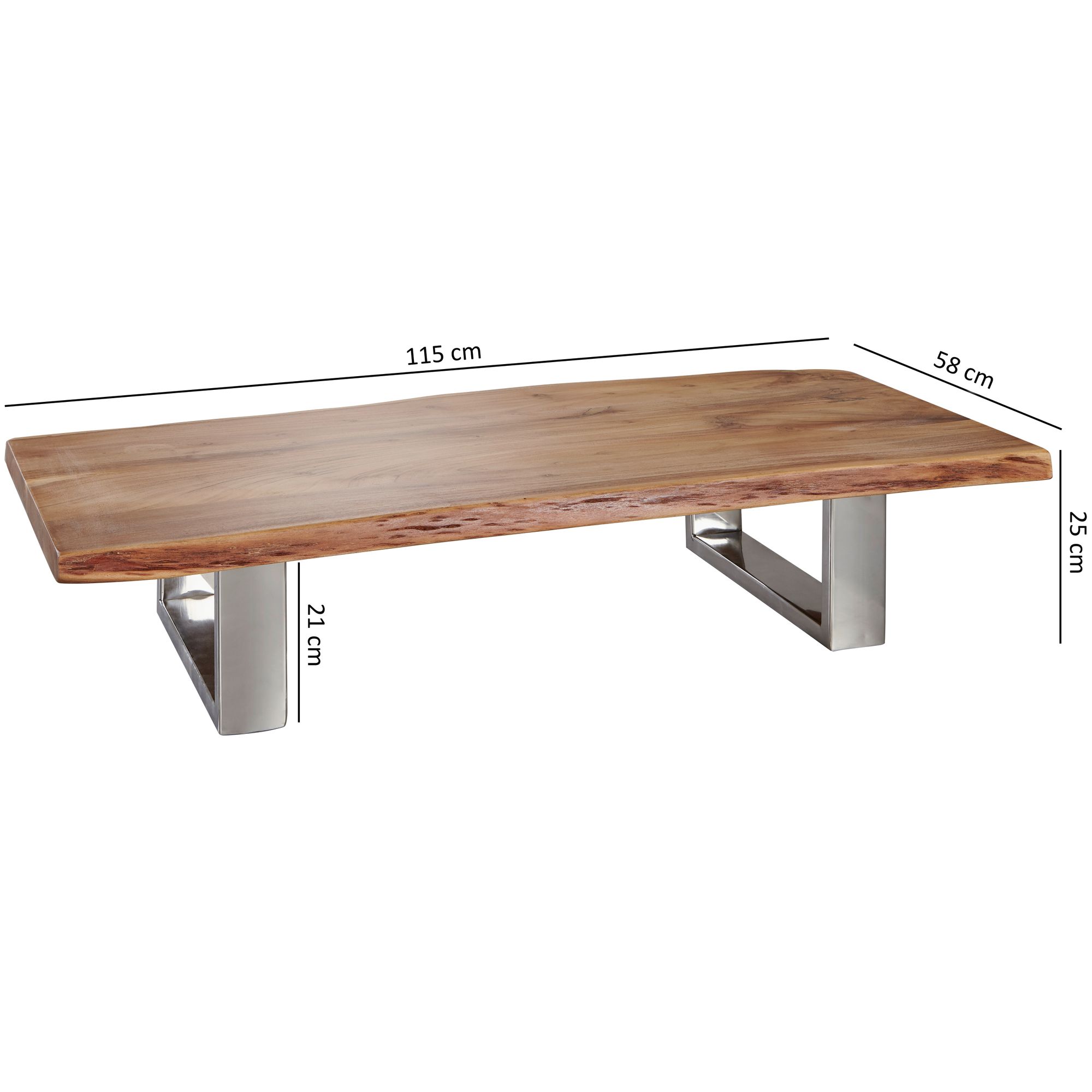 Couchtisch 115 x 25 x 58 cm akazie massiv holz metallgestell groß, baumstamm wohnzimmertisch massivholz braun, baumkante sofatisch landhaus holztisch, tisch wohnzimmer stubentisch