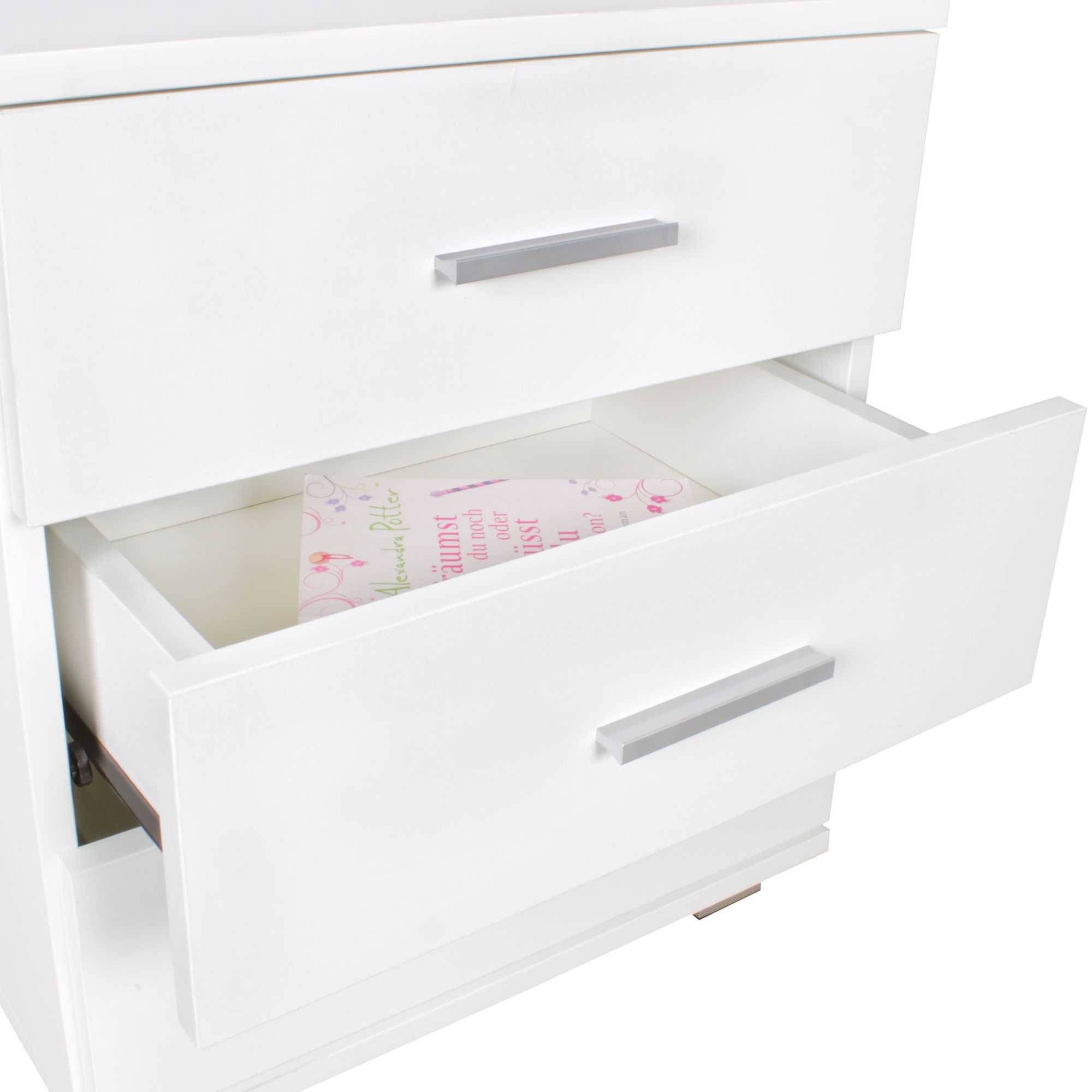 Console de nuit NINA moderne en bois avec 3 tiroirs blanc, 45 x 54 x 34 cm