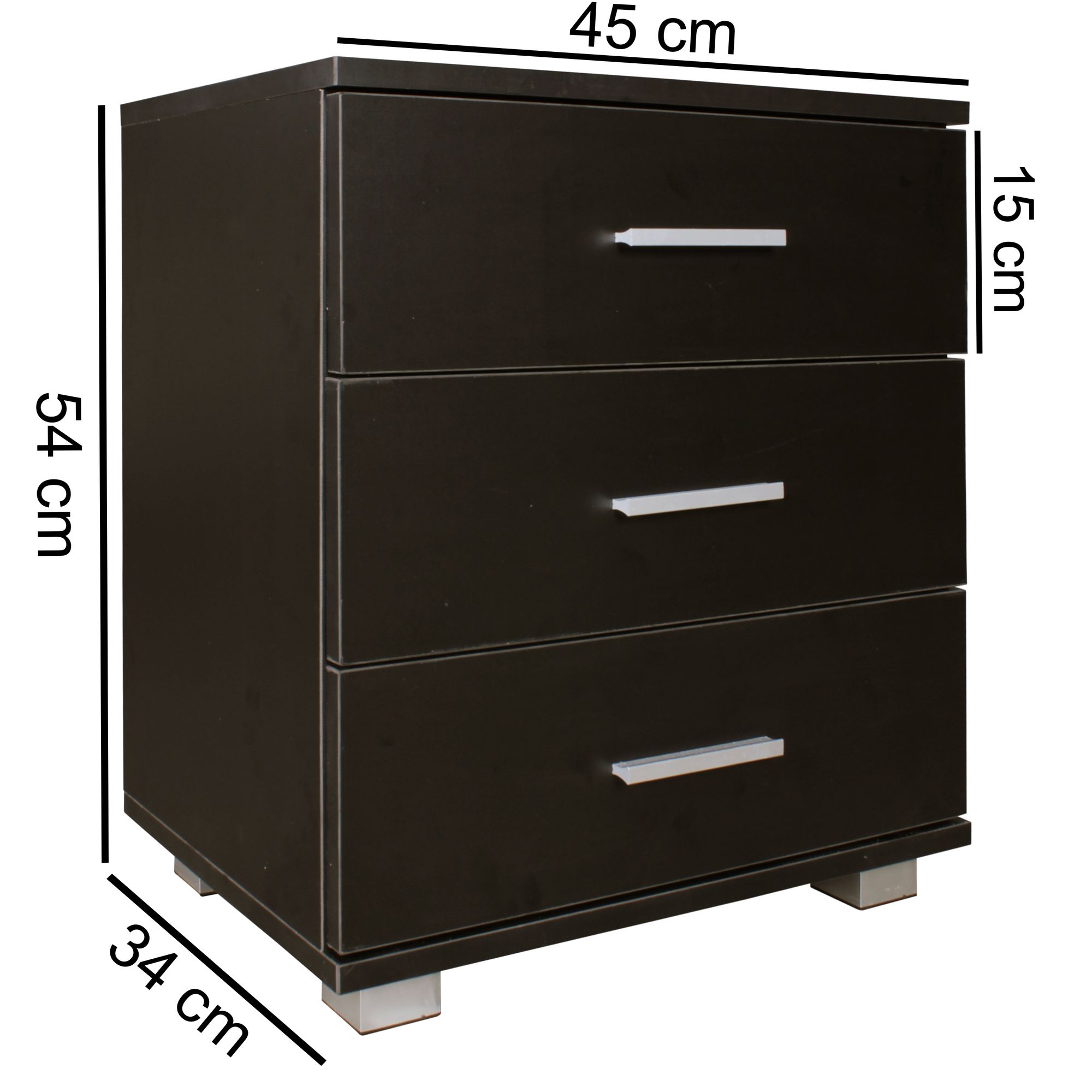 Console de nuit NINA moderne en bois avec 3 tiroirs noir, 45 x 54 x 34 cm