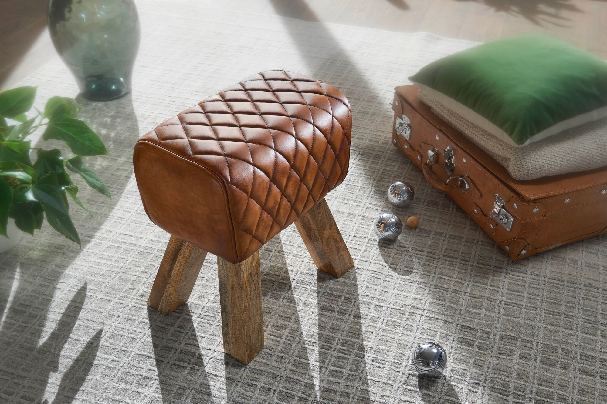 Stool real leather / solid wood 40x48x27 cm modern footstool