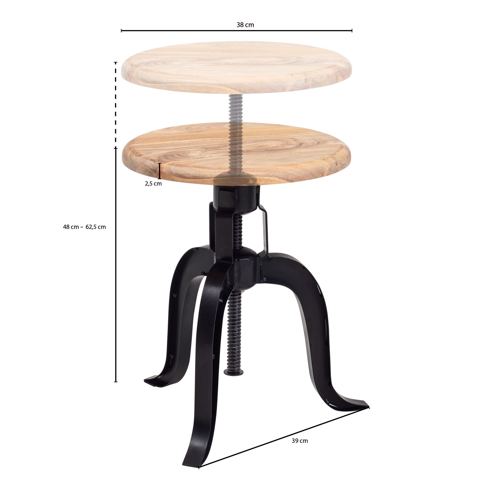 Tabouret Pivotant 39x62,5x39 cm Bois d'Acacia Massif/Métal Noir Rotatif, Tabouret Décoratif Design Réglable en Hauteur, Tabouret Sur Pied Rond Industriel