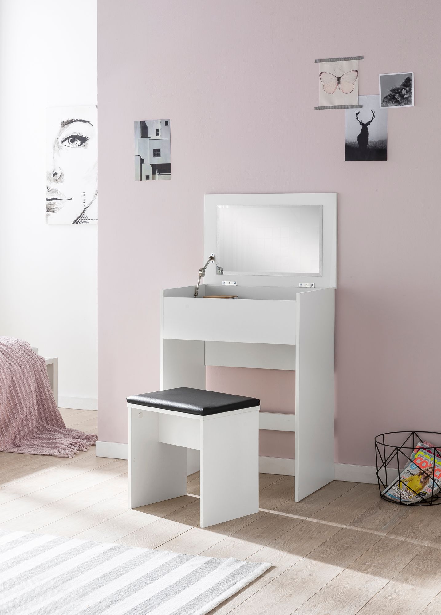 Coiffeuse 60x81x40 cm Console Blanche Bois Moderne, Table de Cosmétique avec Tabouret et Miroir, Coiffeuse Blanche avec Compartiment Pliant