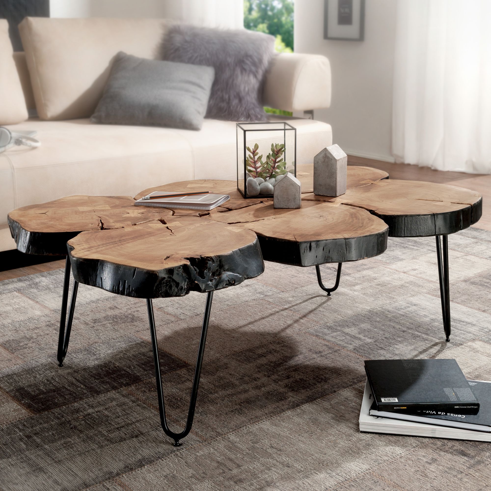 Coffee table solid wood acacia 115 cm wide dining room table design metal legs country style table