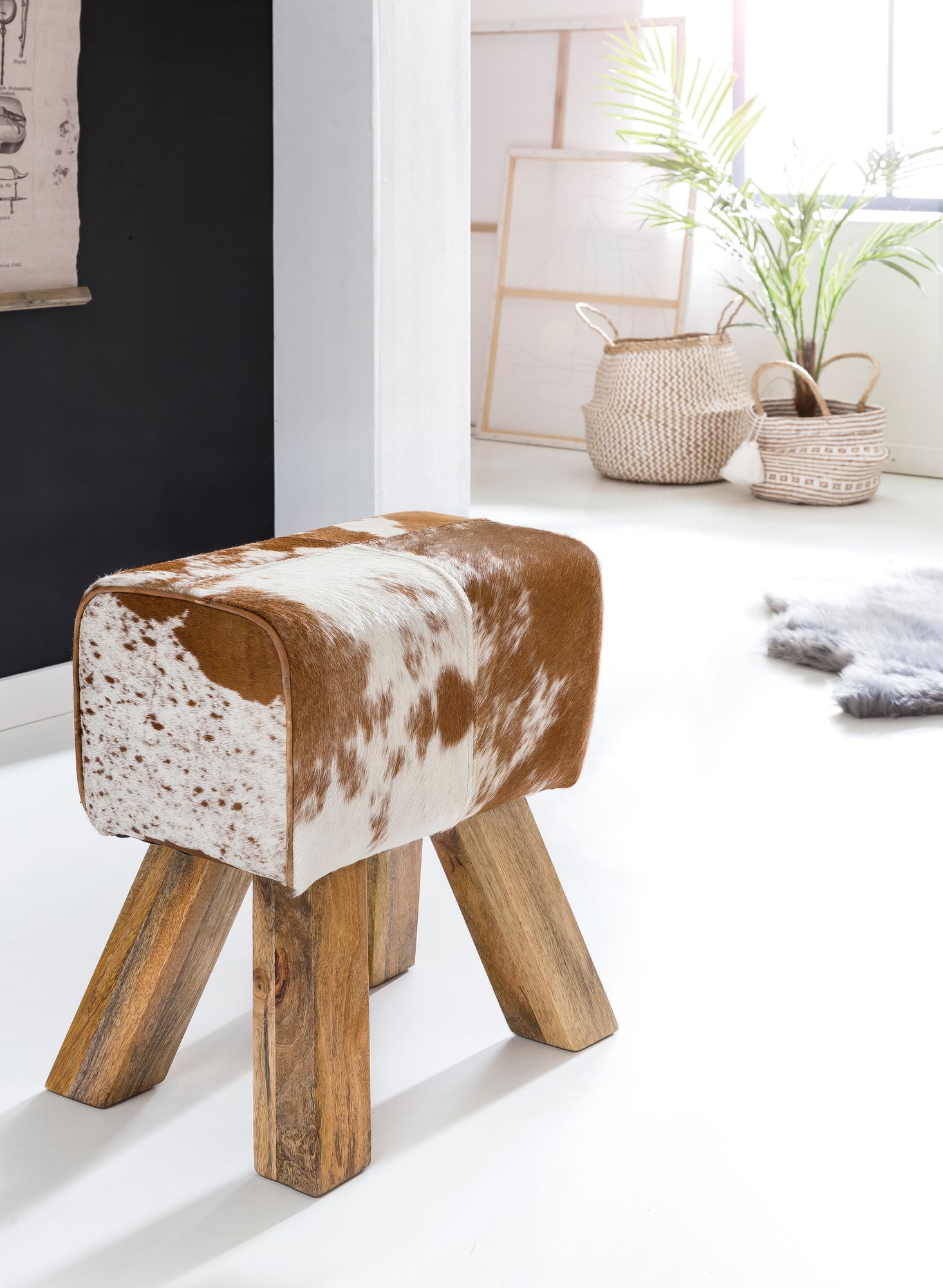 Design Tabouret Turnbock peau de chèvre marron / blanc 40 x 30 x 47 cm