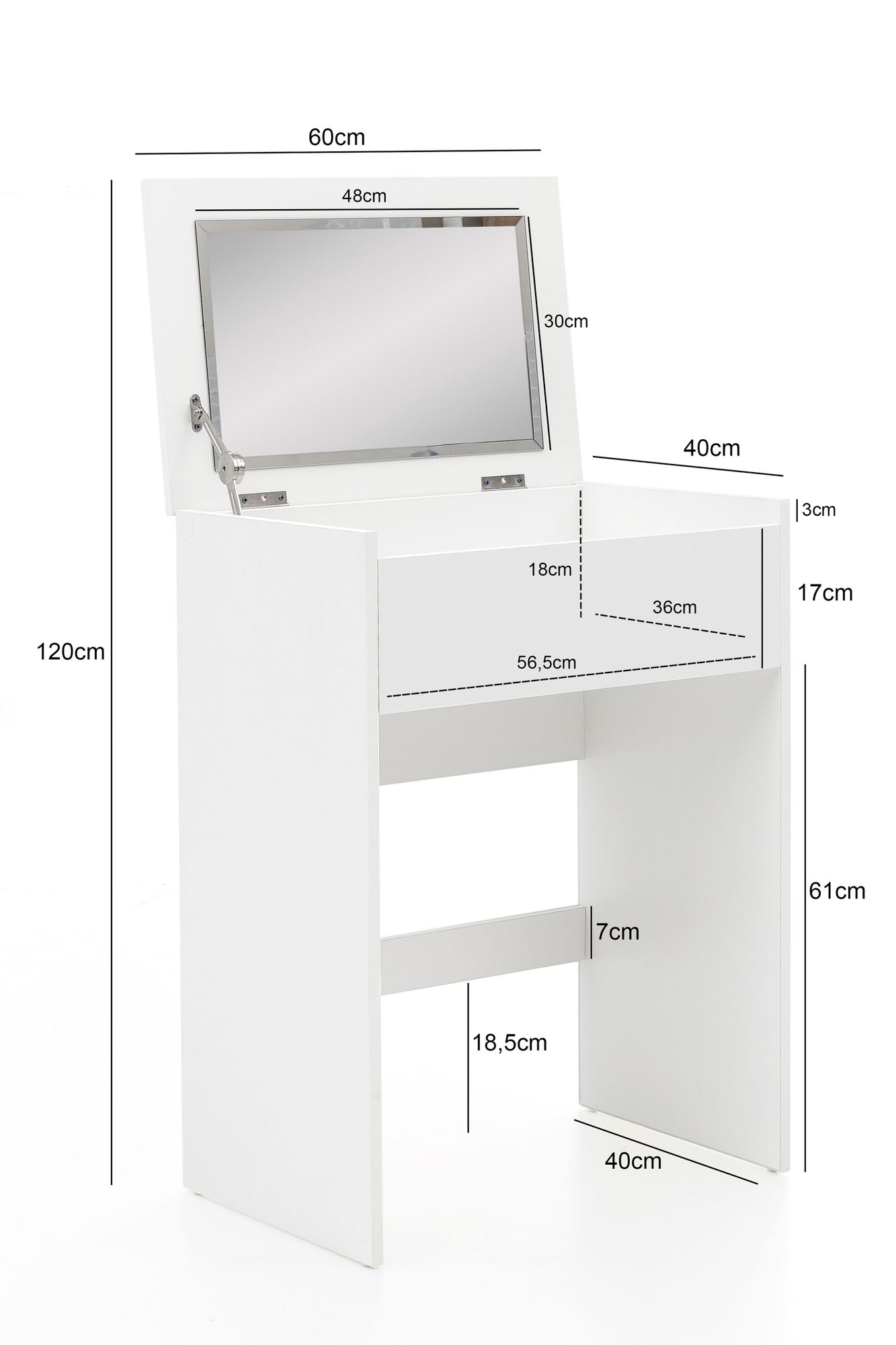 Coiffeuse 60x81x40 cm Console Blanche Bois Moderne, Table de Cosmétique avec Tabouret et Miroir, Coiffeuse Blanche avec Compartiment Pliant