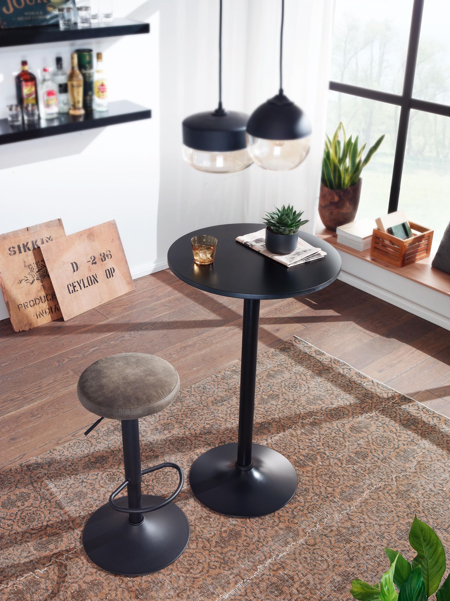 Design Table de Bar Noir Table de Bar Ø 60 cm Métal/Bois, 100 cm de Haut, Moderne