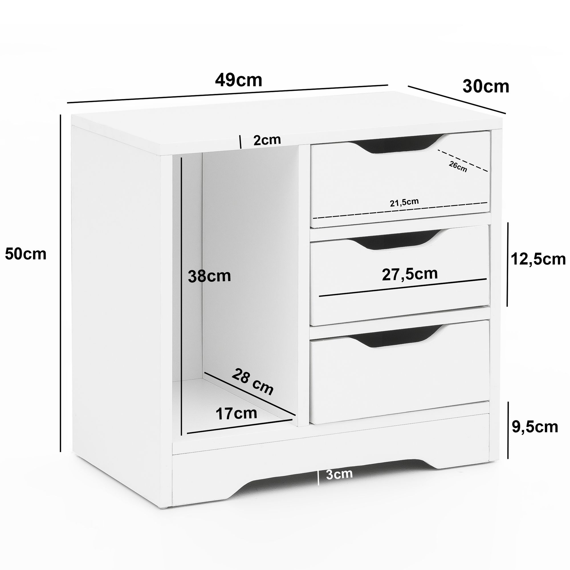 Console de nuit 49x50x30 cm blanc mat 3 tiroirs 1 rangement