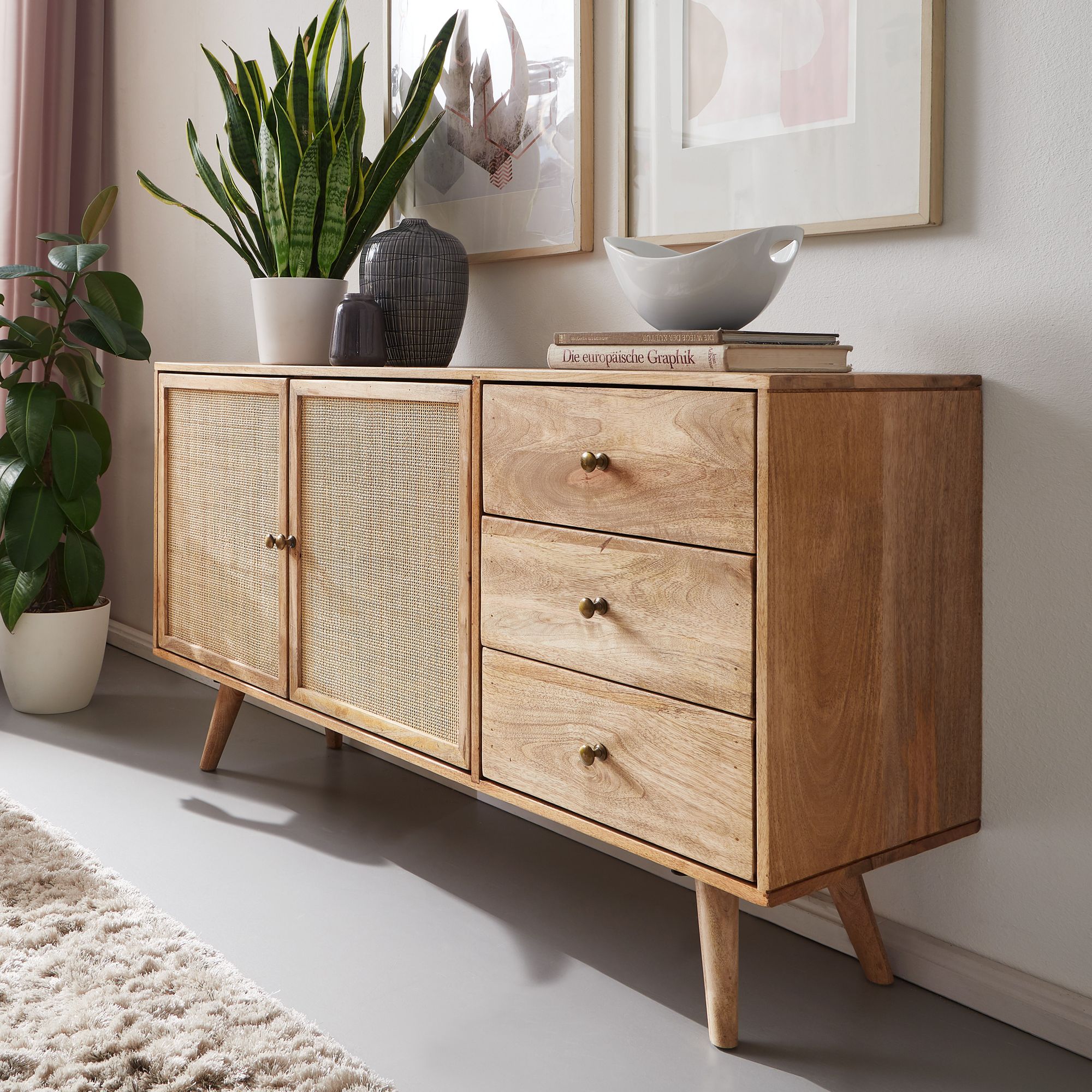 Wohnling design sideboard 140x75x40 cm massivholz rattan anrichte kommodenschrank