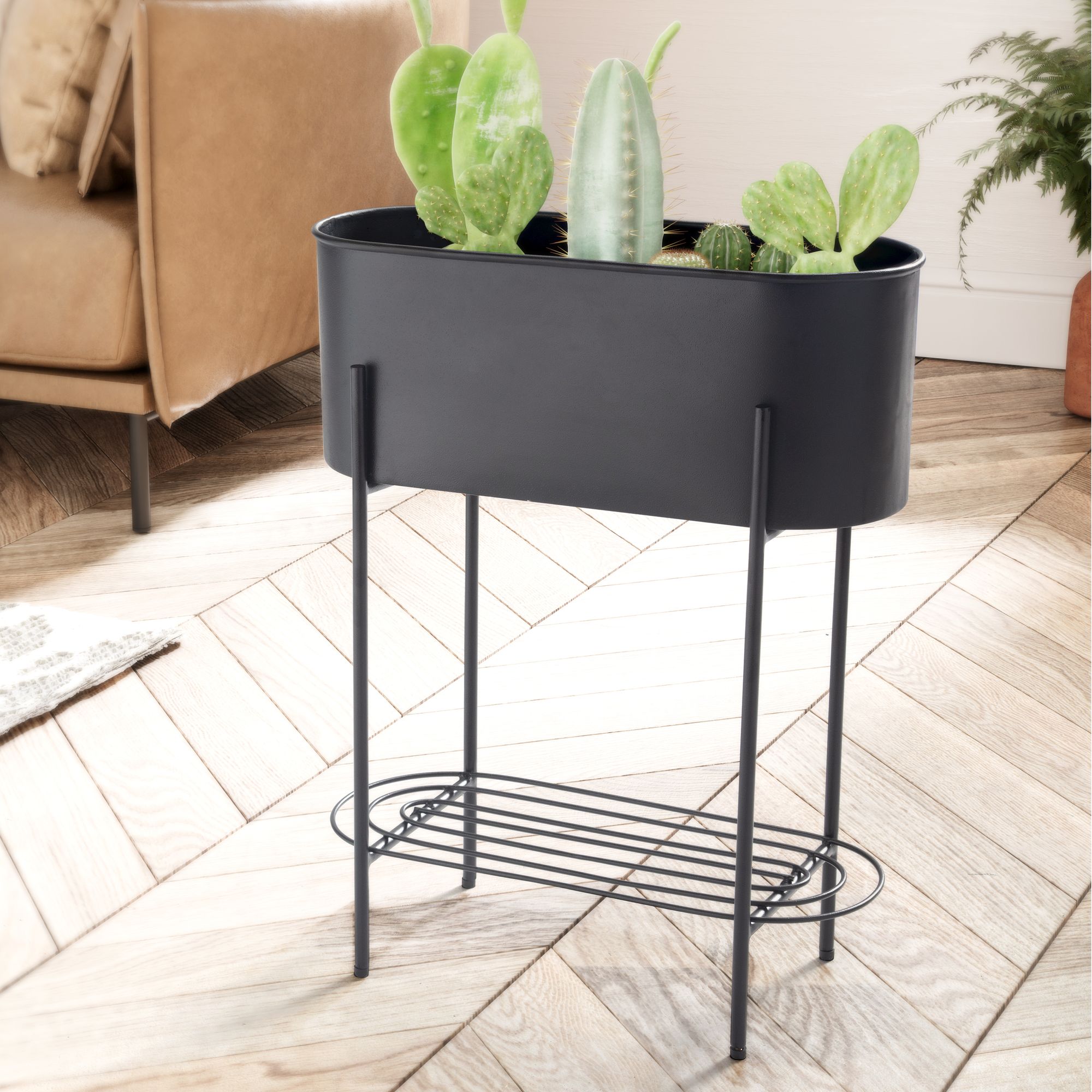 Planter metal 51x65x22 cm plant pot black with frame and shelf