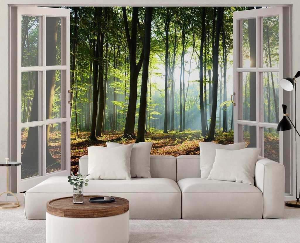 Photo murale pour salon fabriqué en toile de 130 g/m² fenêtre avec vue sur le bois feeby-01