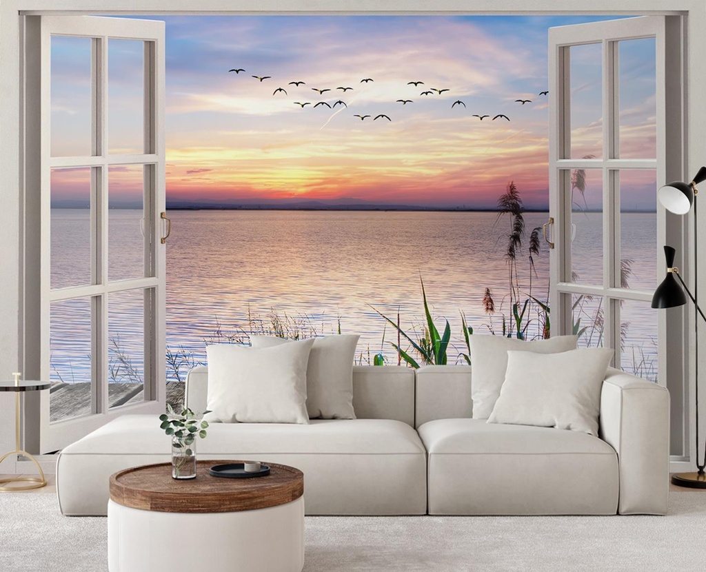 Photo murale pour salon de style moderne ponton sur le lac au coucher du soleil feeby-01