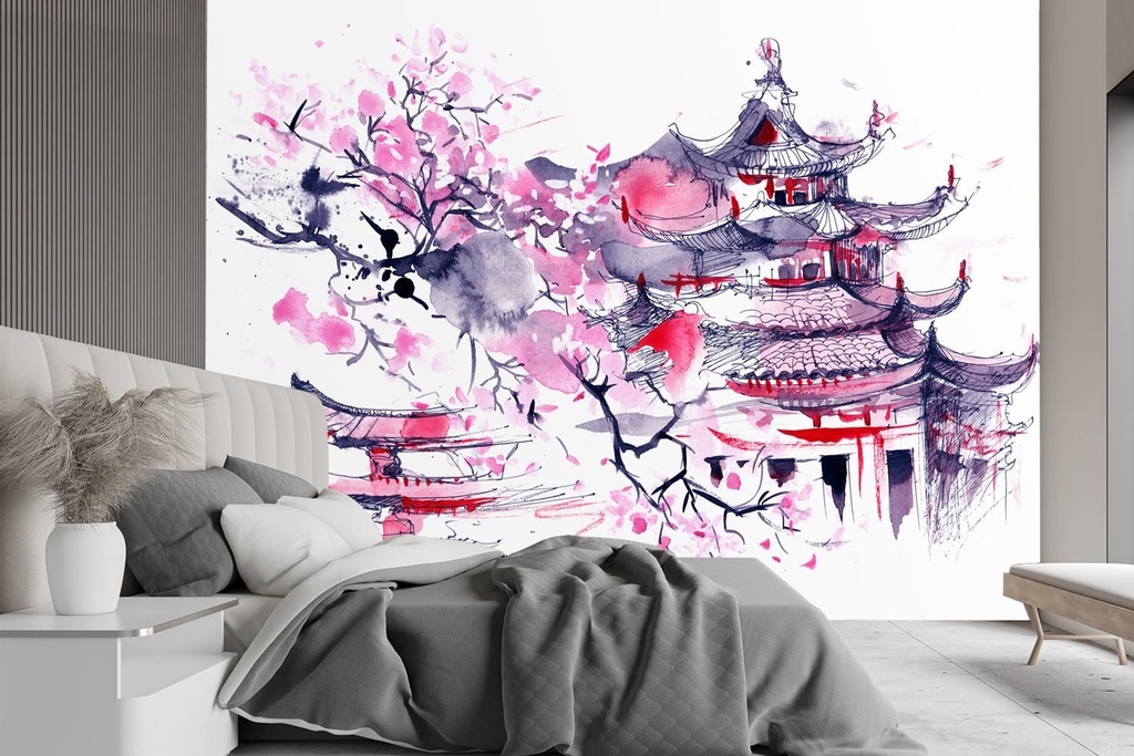 Photo murale pour salon avec image de pagodes japonaises de couleur violette feeby-01