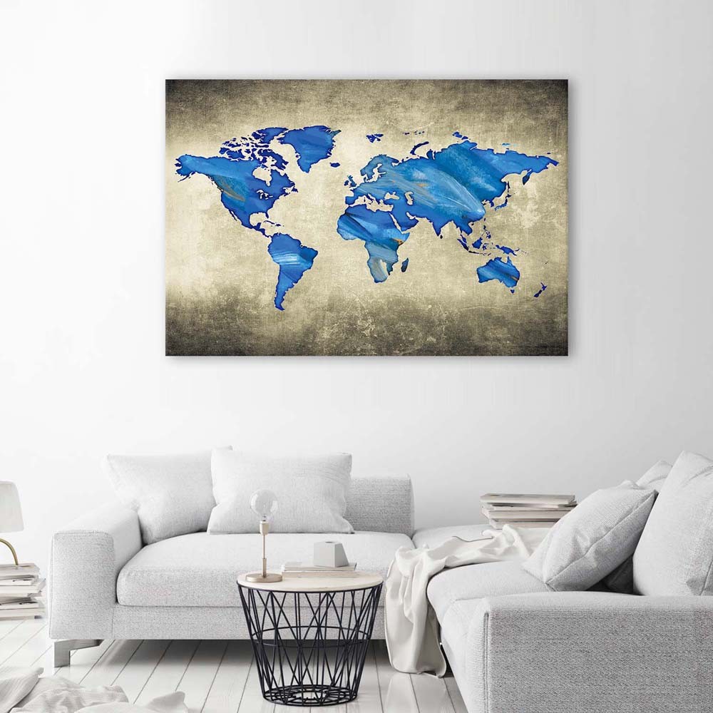 Cadre décoratif en mdf avec image de mappemonde imprimée sur toile avec finition bleue feeby-01