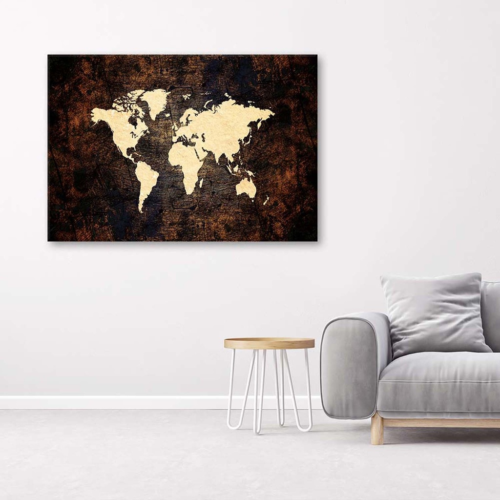 Cadre imprimé sur toile avec image de mappemonde marron fabriqué en mdf et toile feeby-01