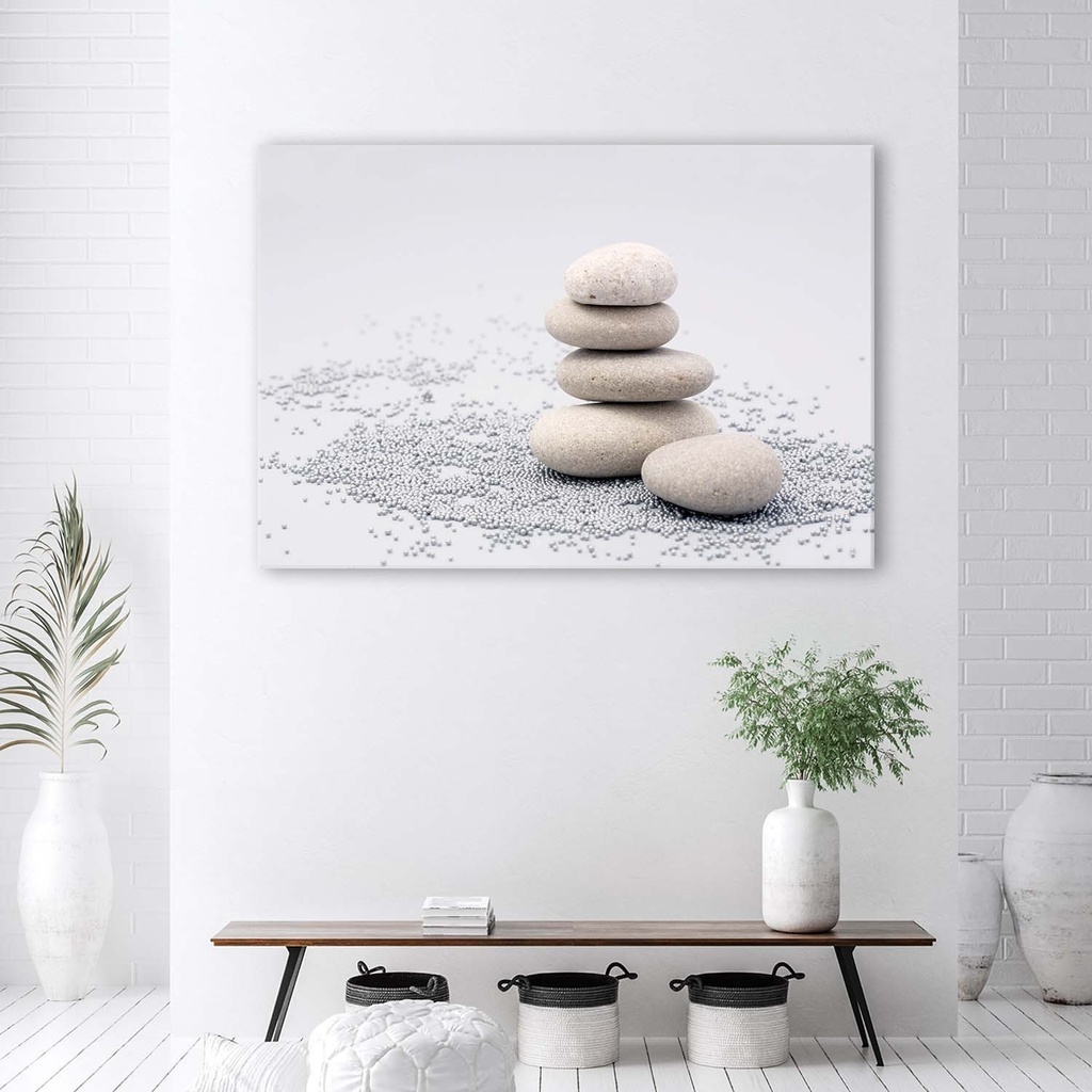 Cadre imprimé sur toile avec image de pierres zen avec fond gris fabriqué en mdf et toile feeby-01