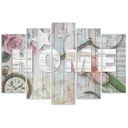 Cadre de cinq panneaux en mdf imprimé sur toile avec image d'un panneau home sur fond en bois gris et fleurs feeby-02