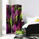 Paravent séparateur d'espaces double face pivotant en toile avec cadre en mdf motif tulipes violettes feeby-01