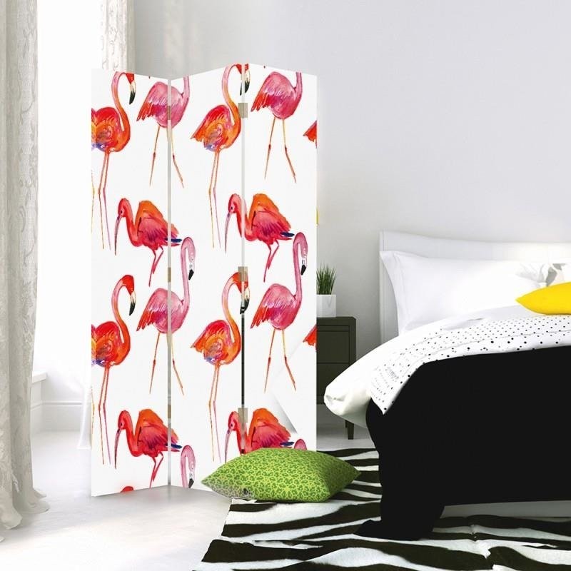 Paravent pliable composé de trois parties flamants roses feeby-01