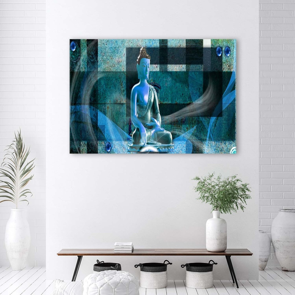 Cadre imprimé sur toile avec image de bouddha sur fond géométrique bleu fabriqué en mdf feeby-01